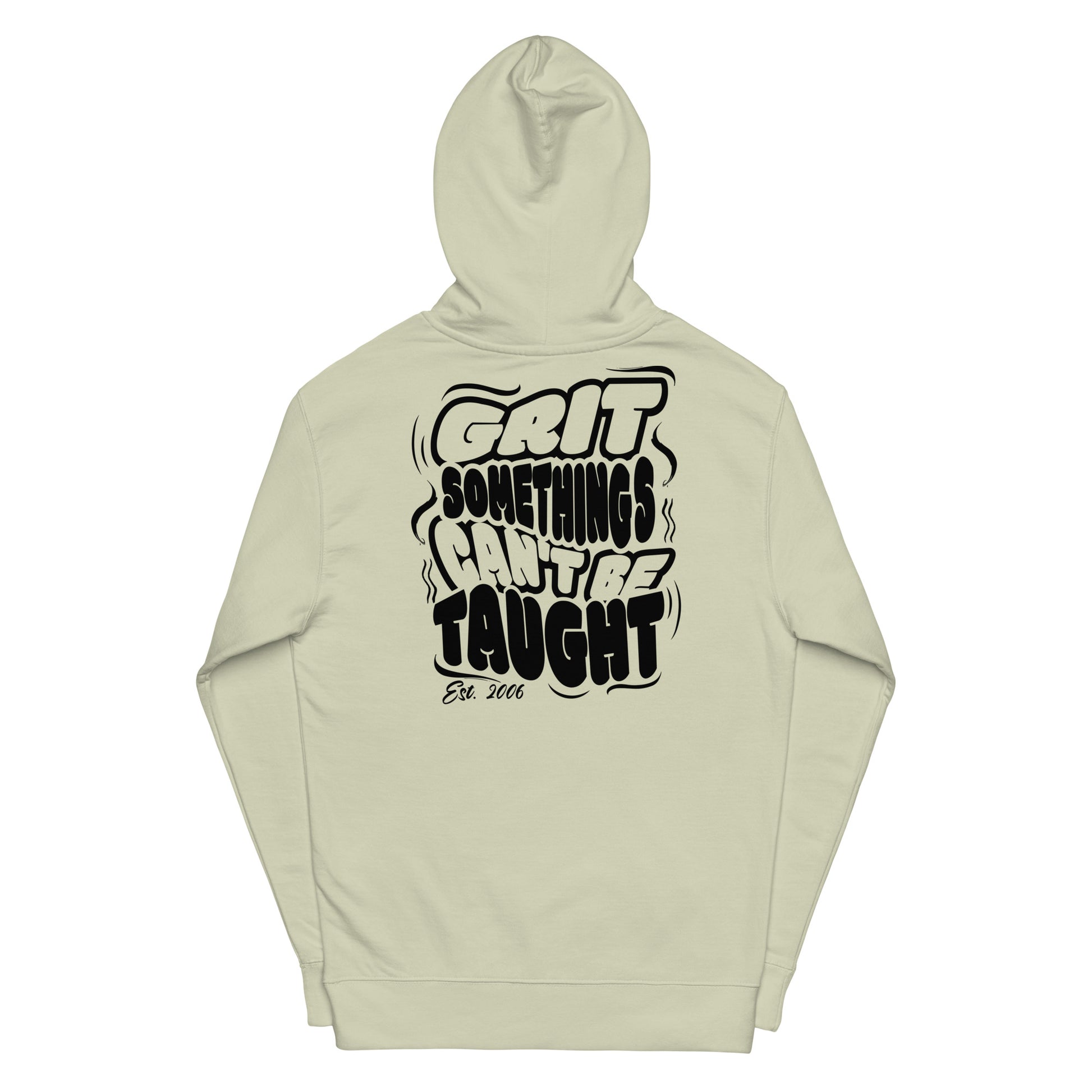 Beige hoodie with black text design on a white background
