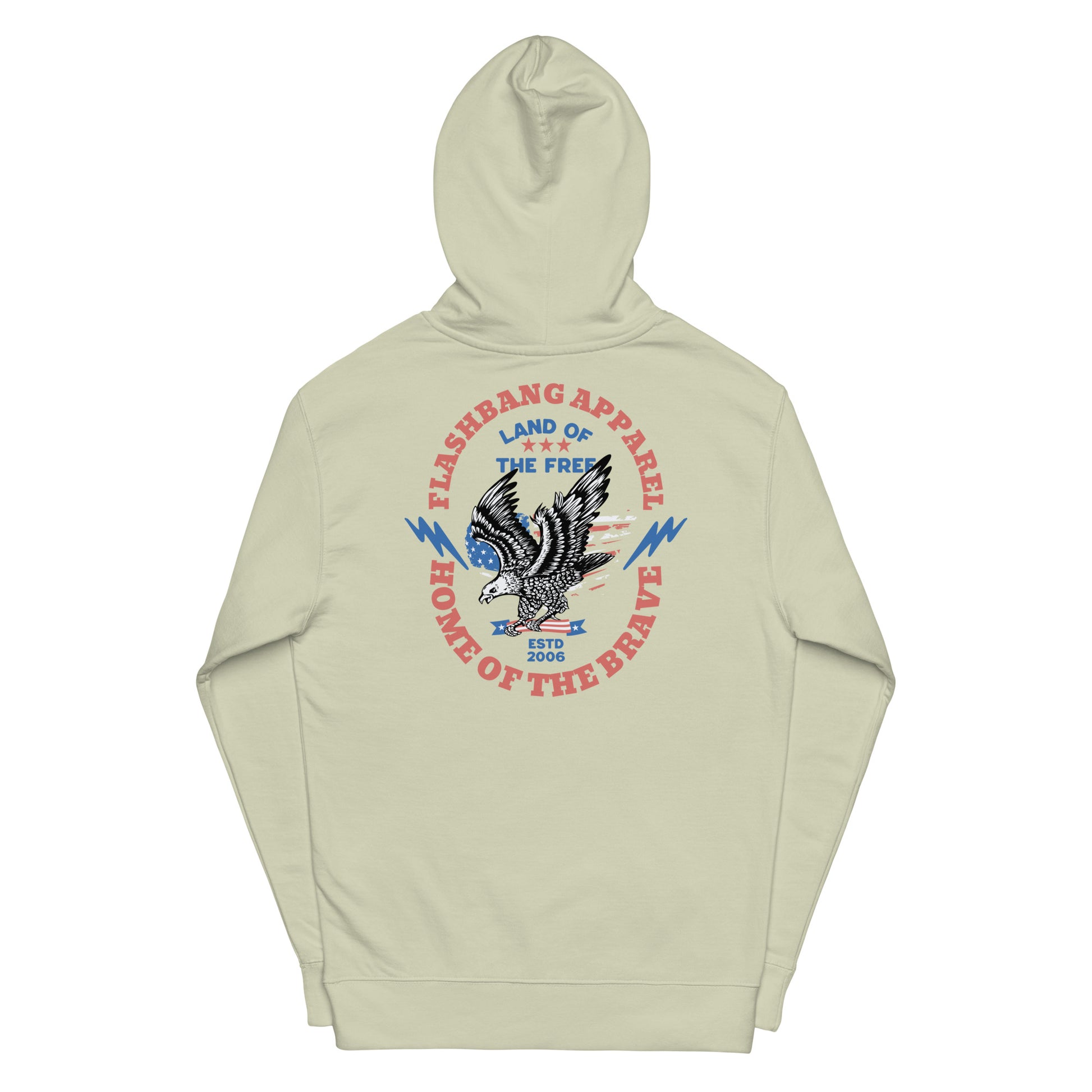 Beige hoodie with eagle graphic and text on a white background