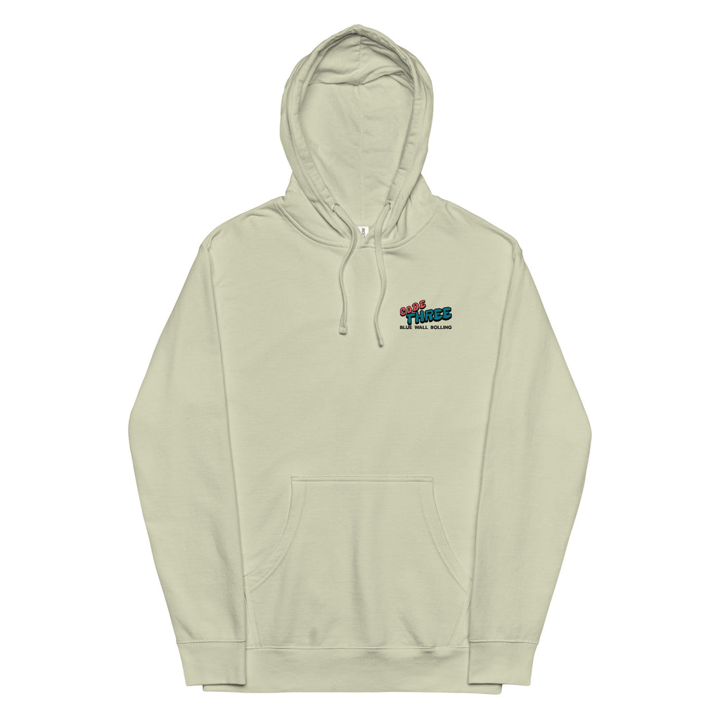 Light green hoodie with a small logo on the chest against a white background