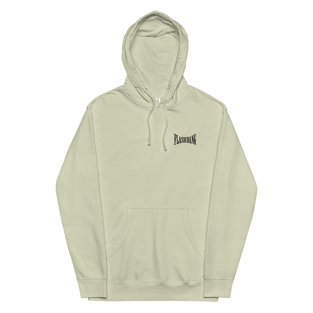 Light green hoodie with a brand logo on a white background