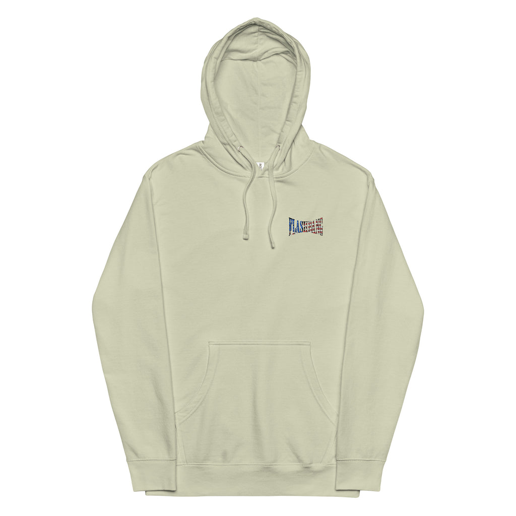 Light beige hoodie with a small logo on the chest against a white background