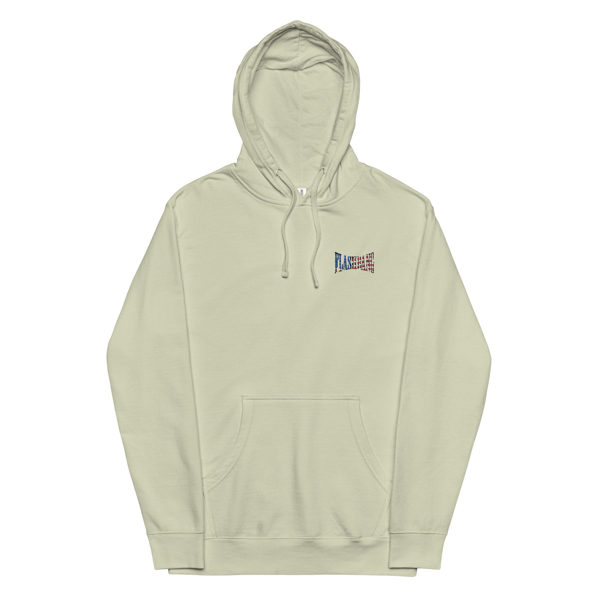 Light beige hoodie with a small logo on the chest against a white background