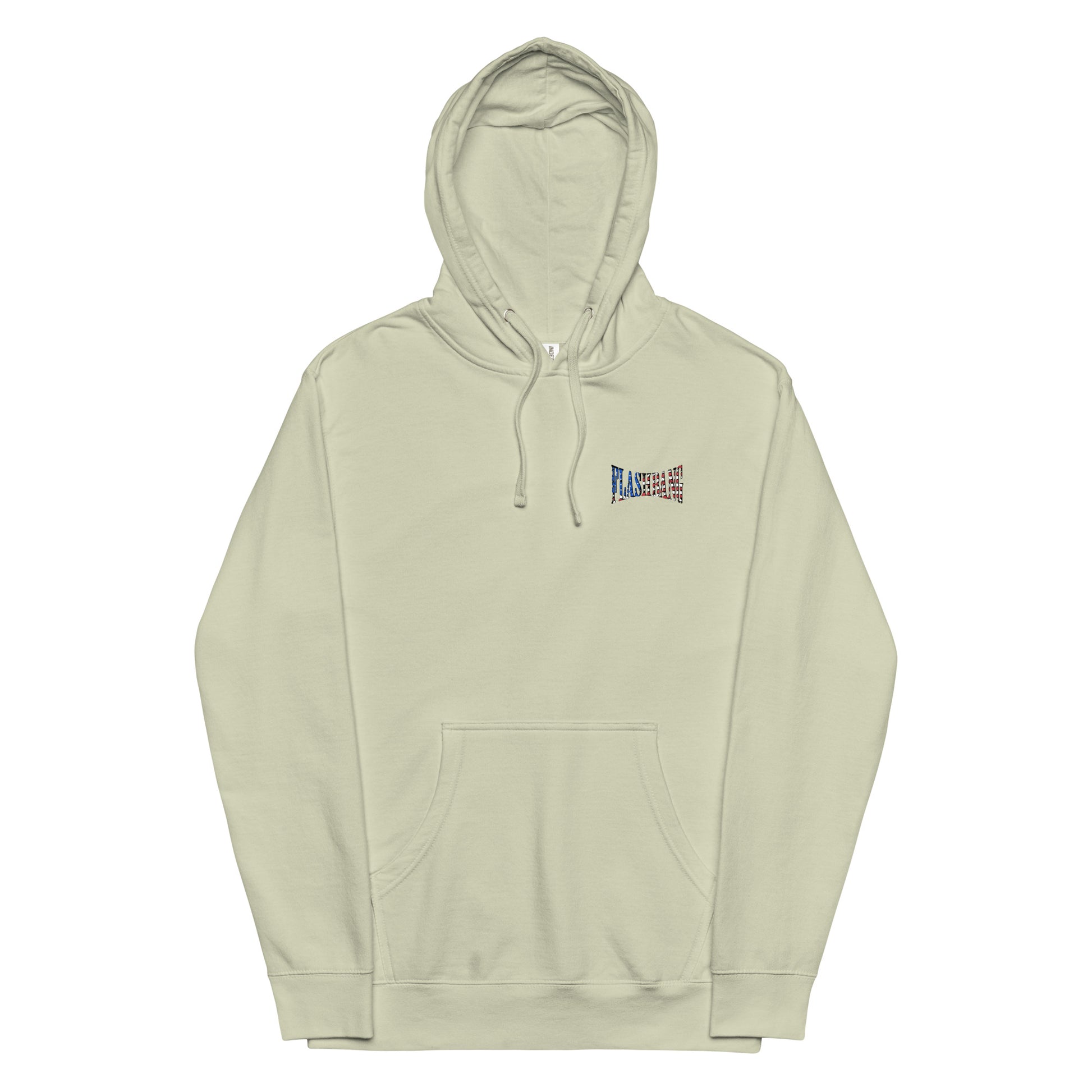 Light green hoodie with a small logo on the chest against a white background