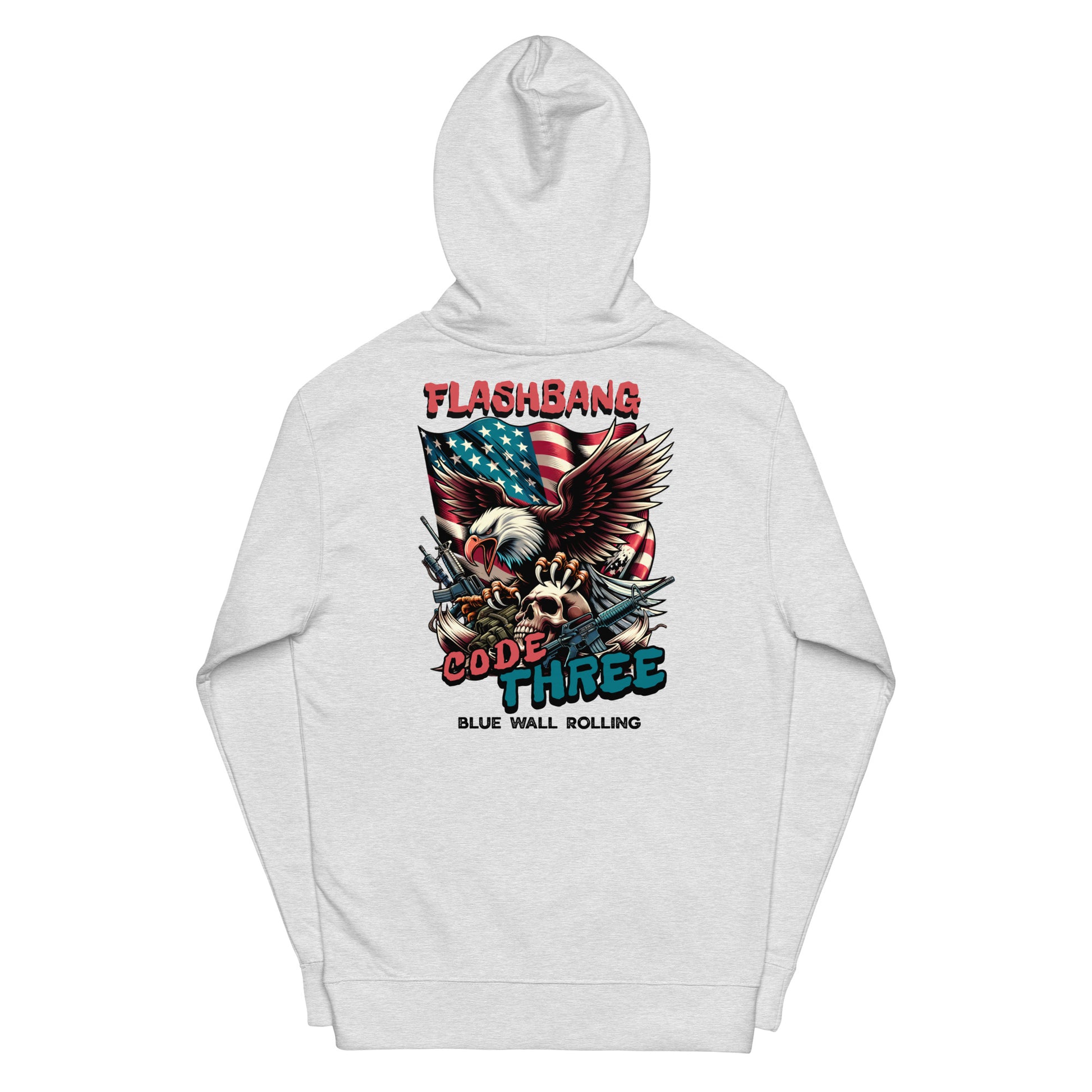 White hoodie with graphic design featuring an American flag, eagle, and text on a white background