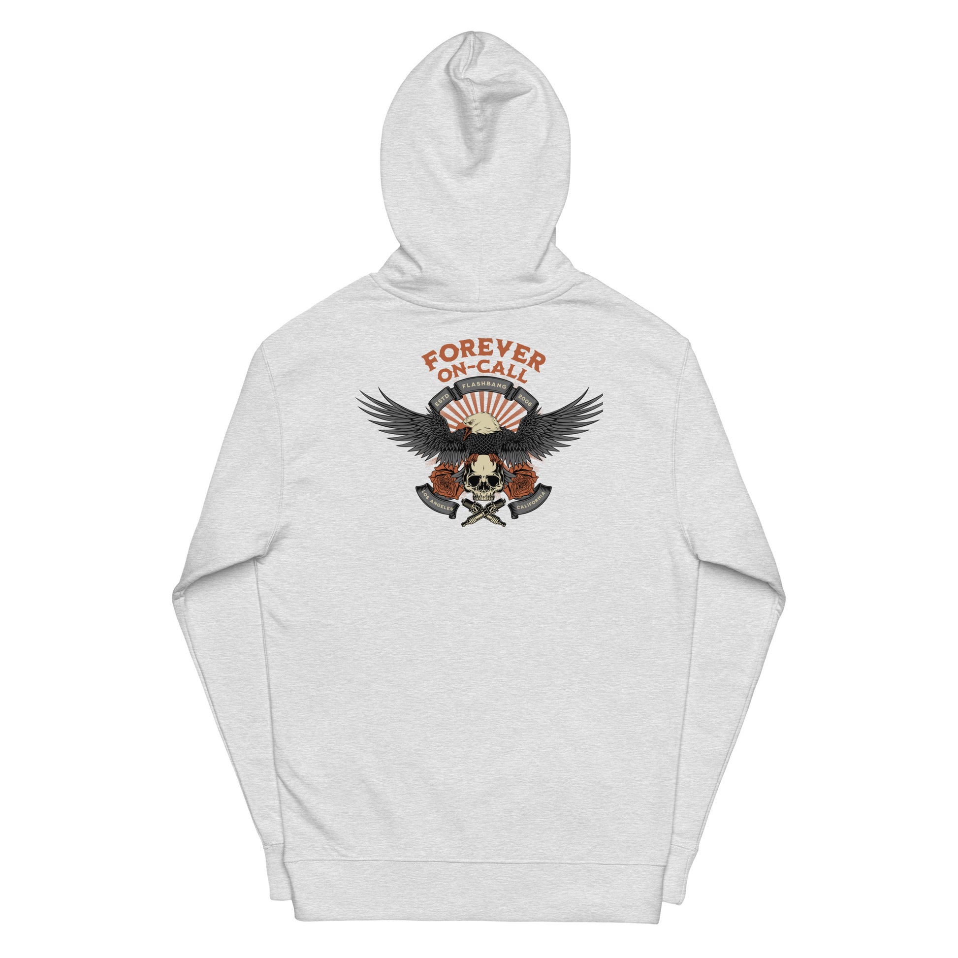 Gray hoodie with an eagle and skull design on a white background