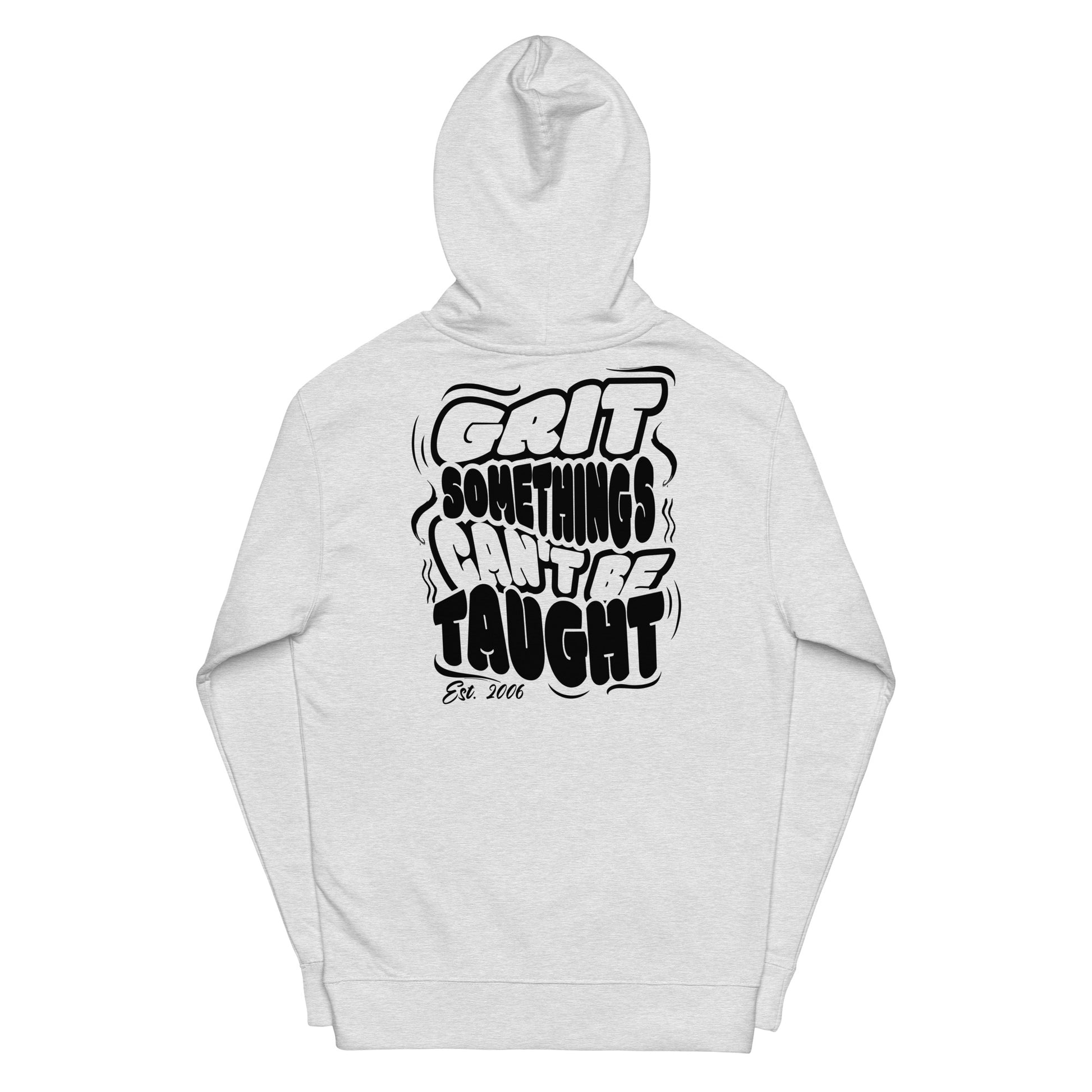 White hoodie with black text design on a white background
