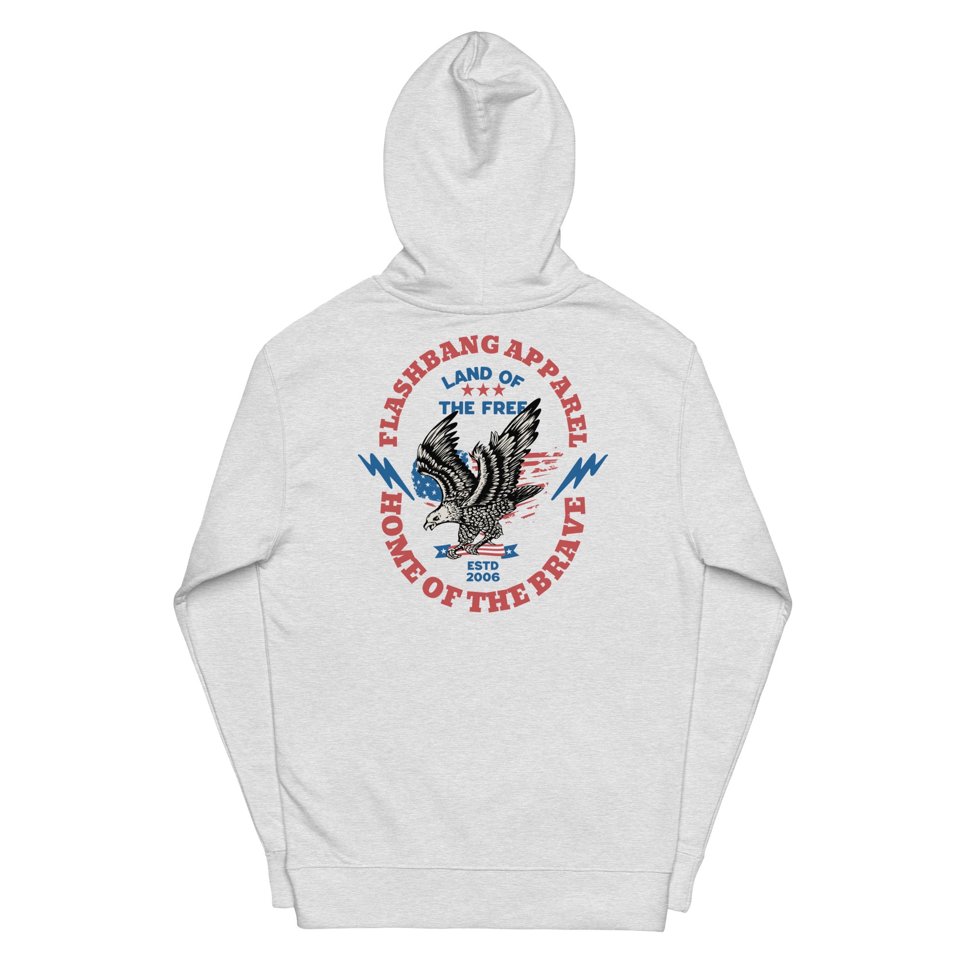White hoodie with eagle graphic and text on a white background
