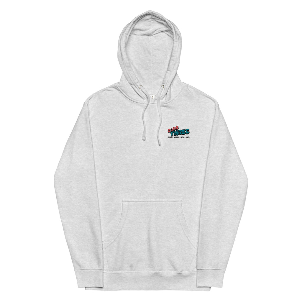 Gray hoodie with a logo on the chest against a white background