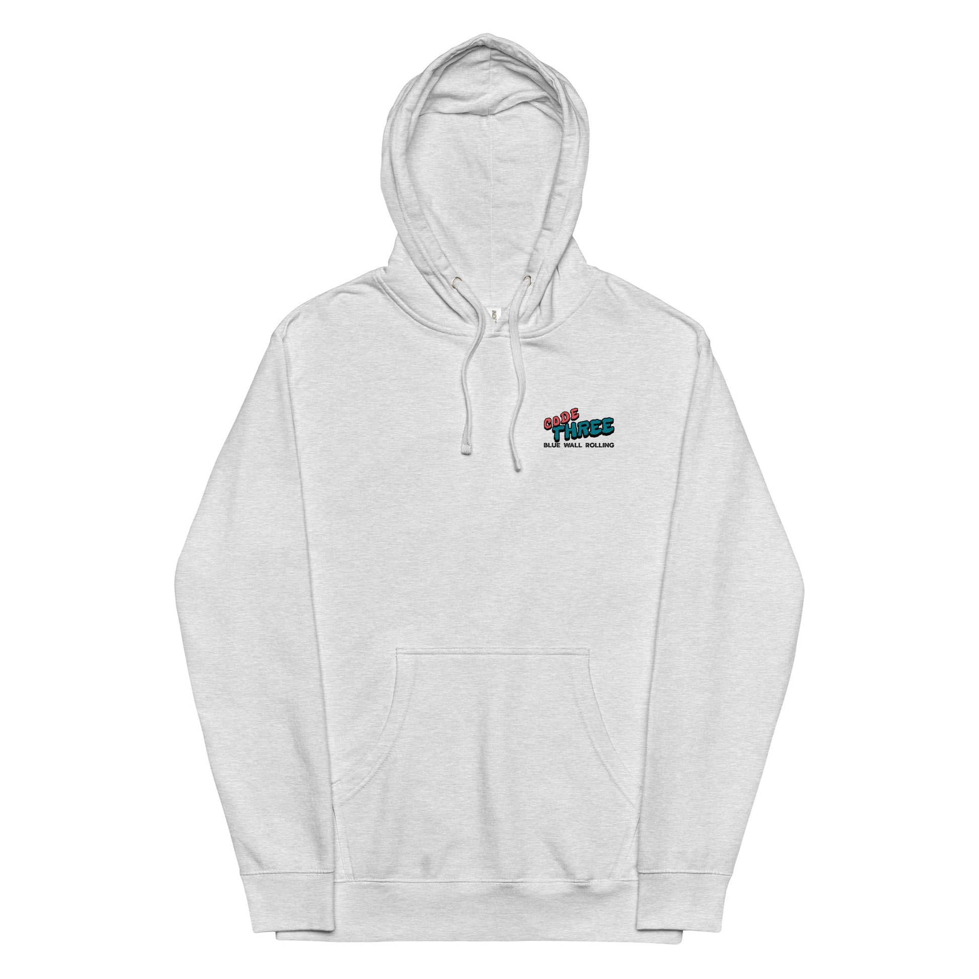 Gray hoodie with a logo on the chest against a white background