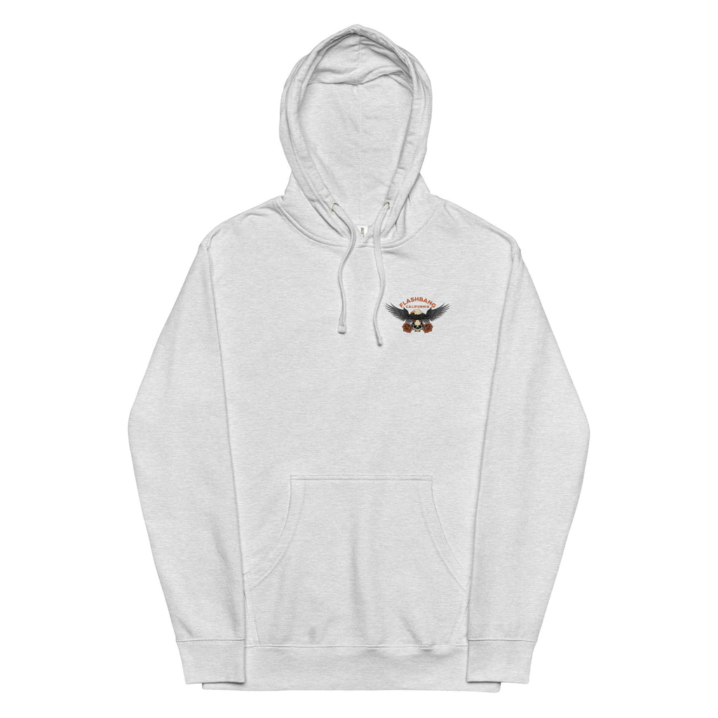 Gray hoodie with a small logo on the chest against a white background