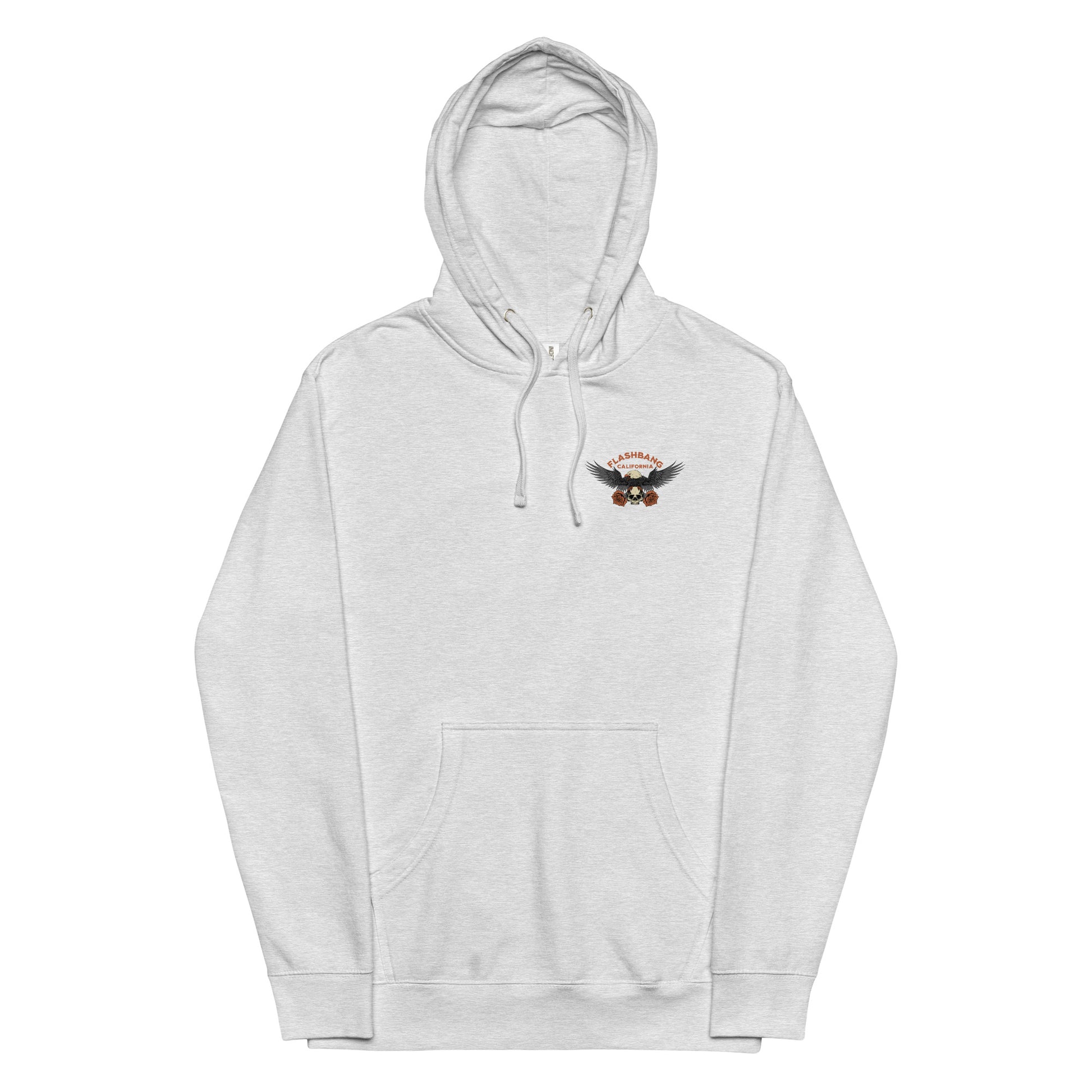 Gray hoodie with a small logo on the chest against a white background
