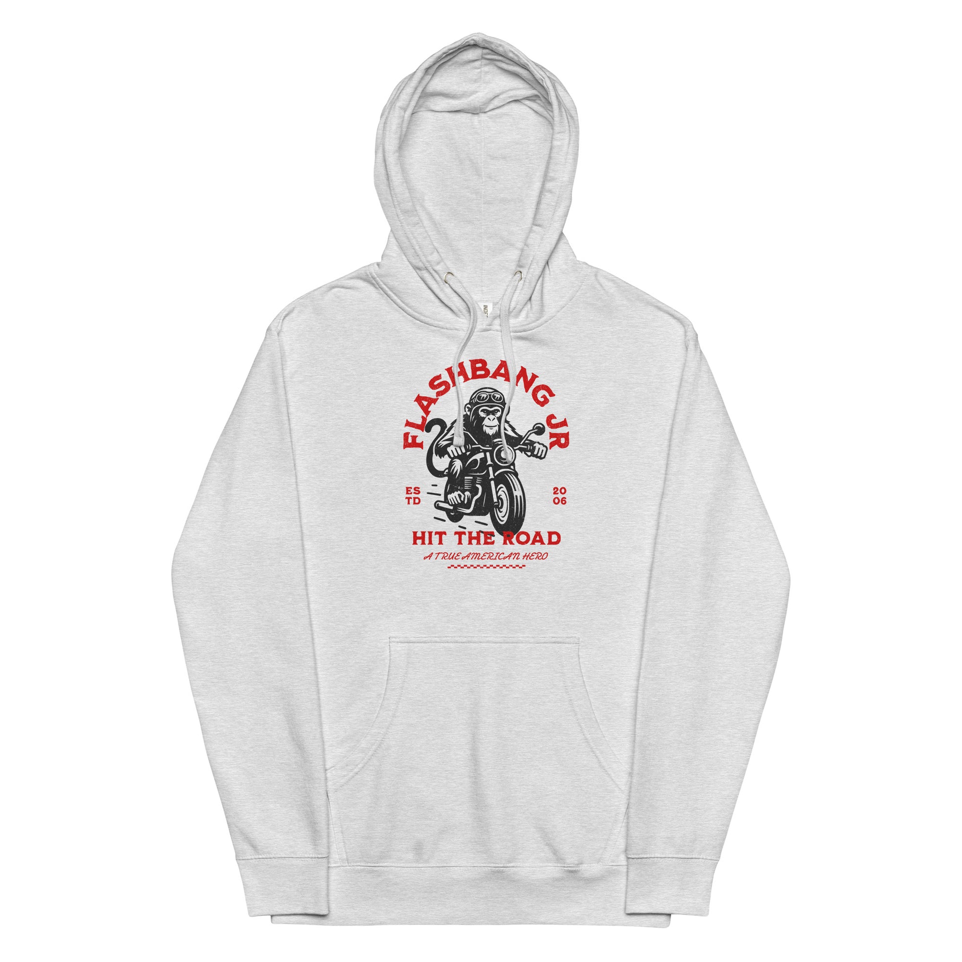 Gray hoodie with a graphic design on a white background