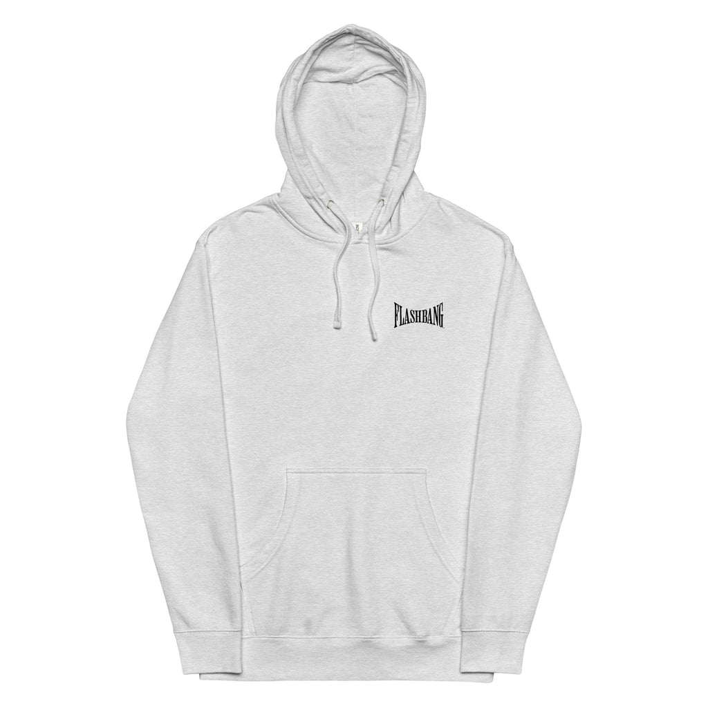 Gray hoodie with a brand logo on a white background