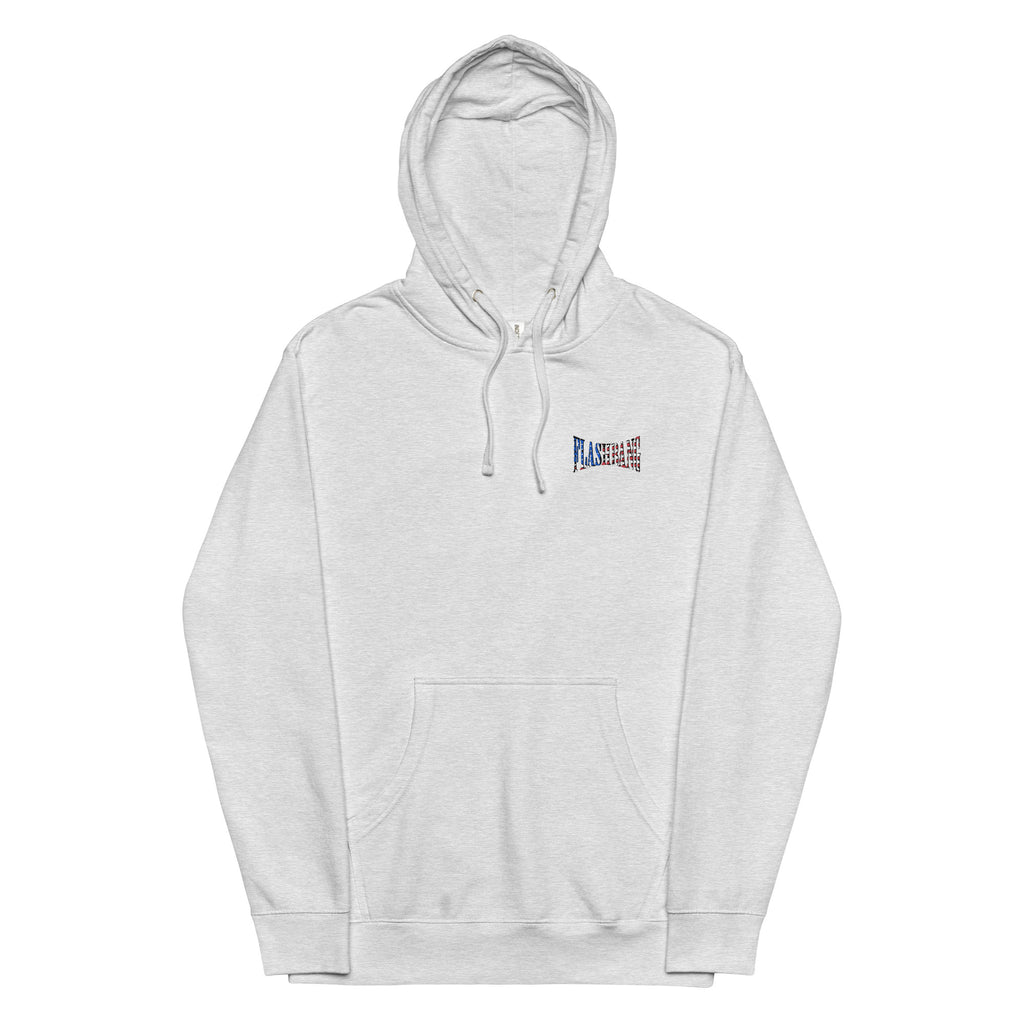 Gray hoodie with a small logo on the chest against a white background