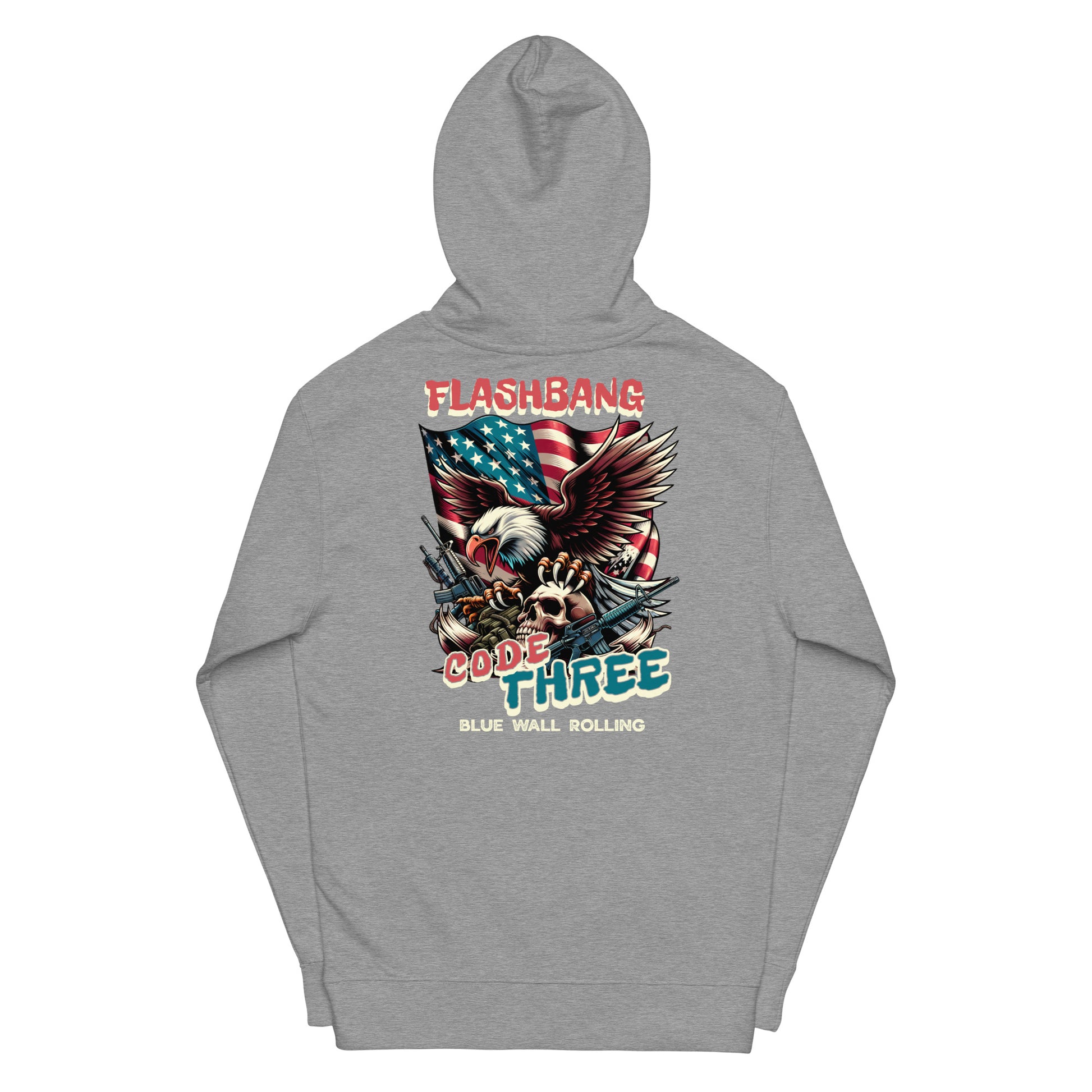 Gray hoodie with graphic design featuring an American flag, eagle, and text on a white background