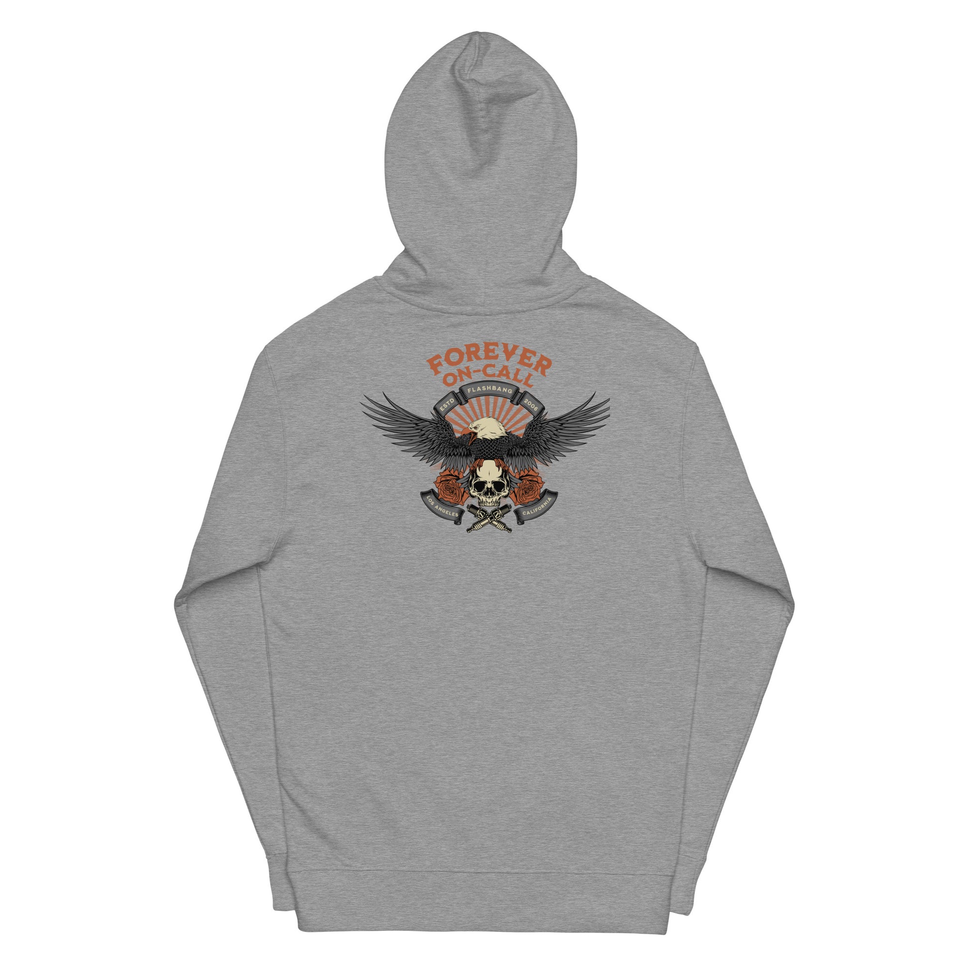 Gray hoodie with a graphic design on the chest against a white background