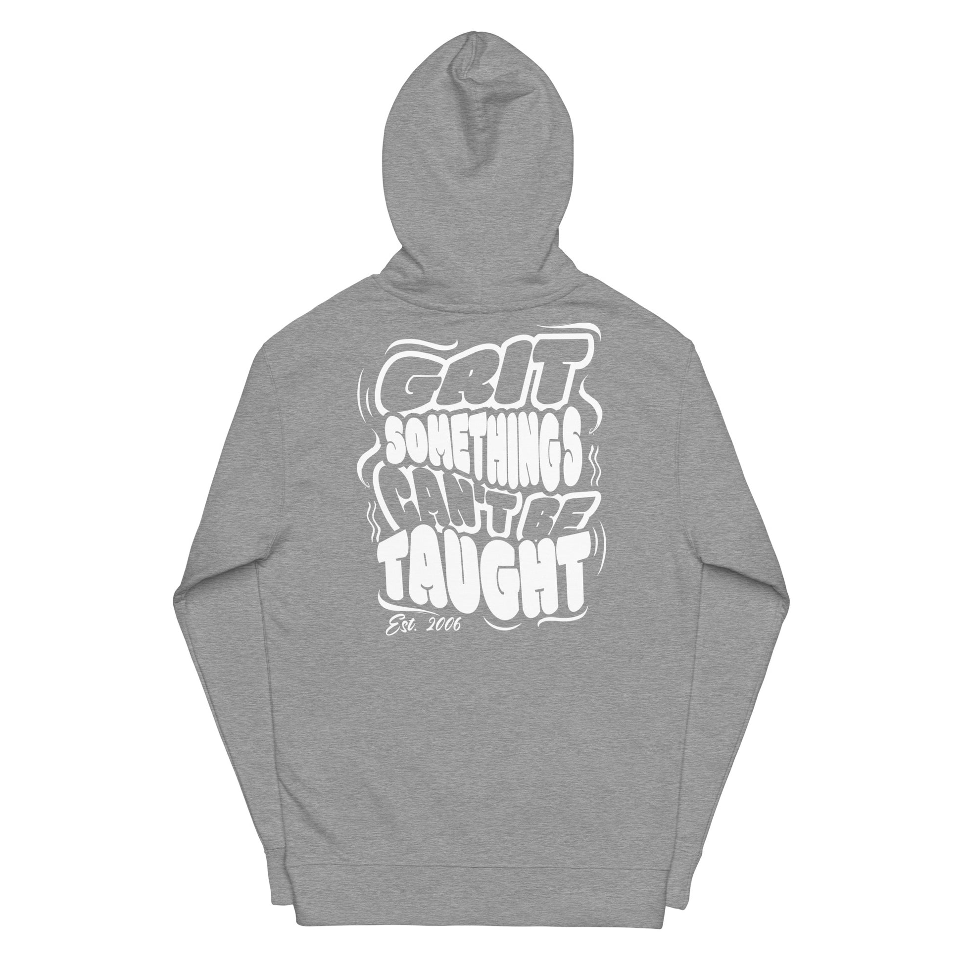 Gray hoodie with white text on a white background