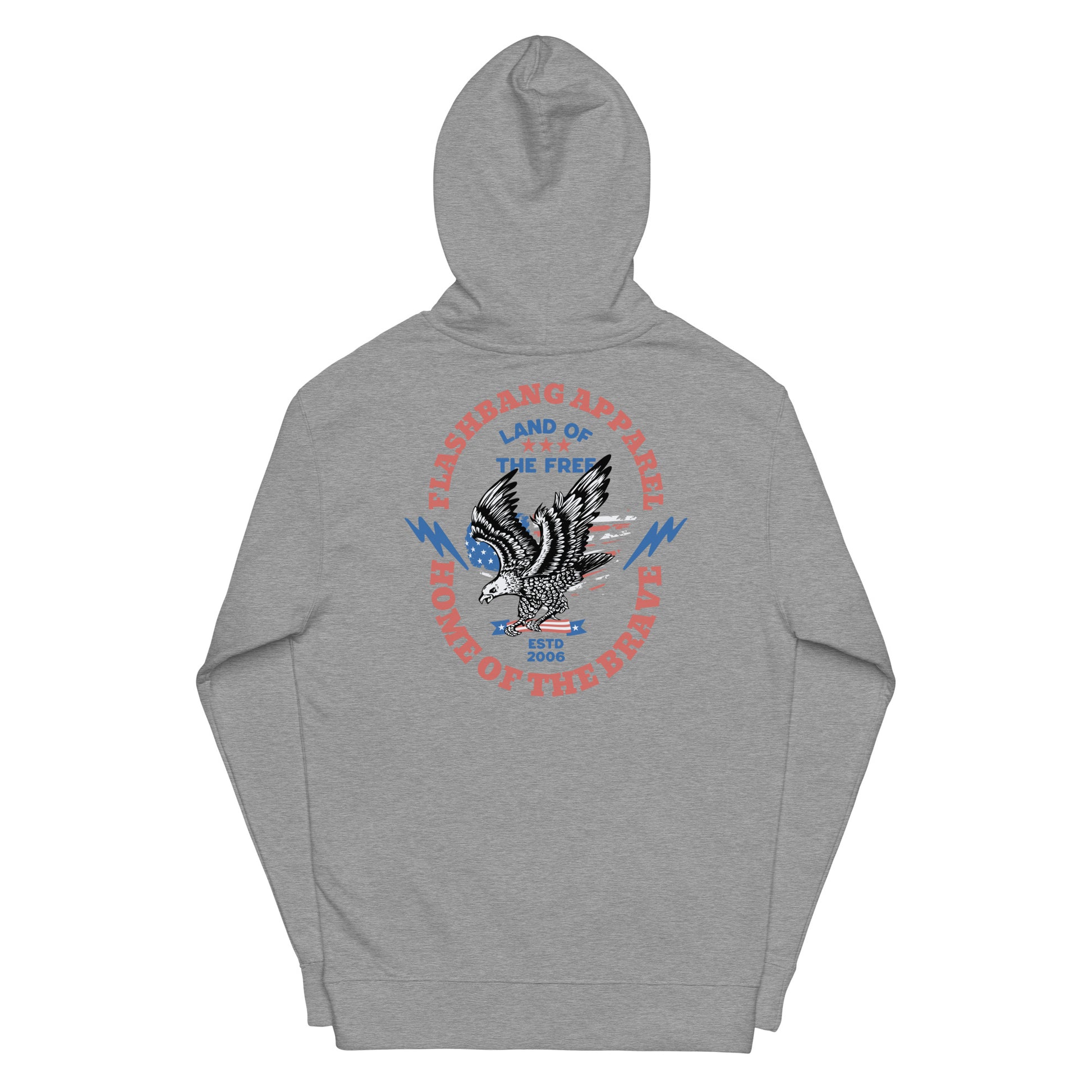 Gray hoodie with an eagle graphic and text on a white background