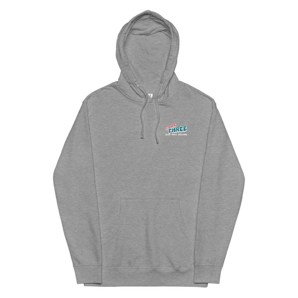Gray hoodie with a logo on the chest against a white background