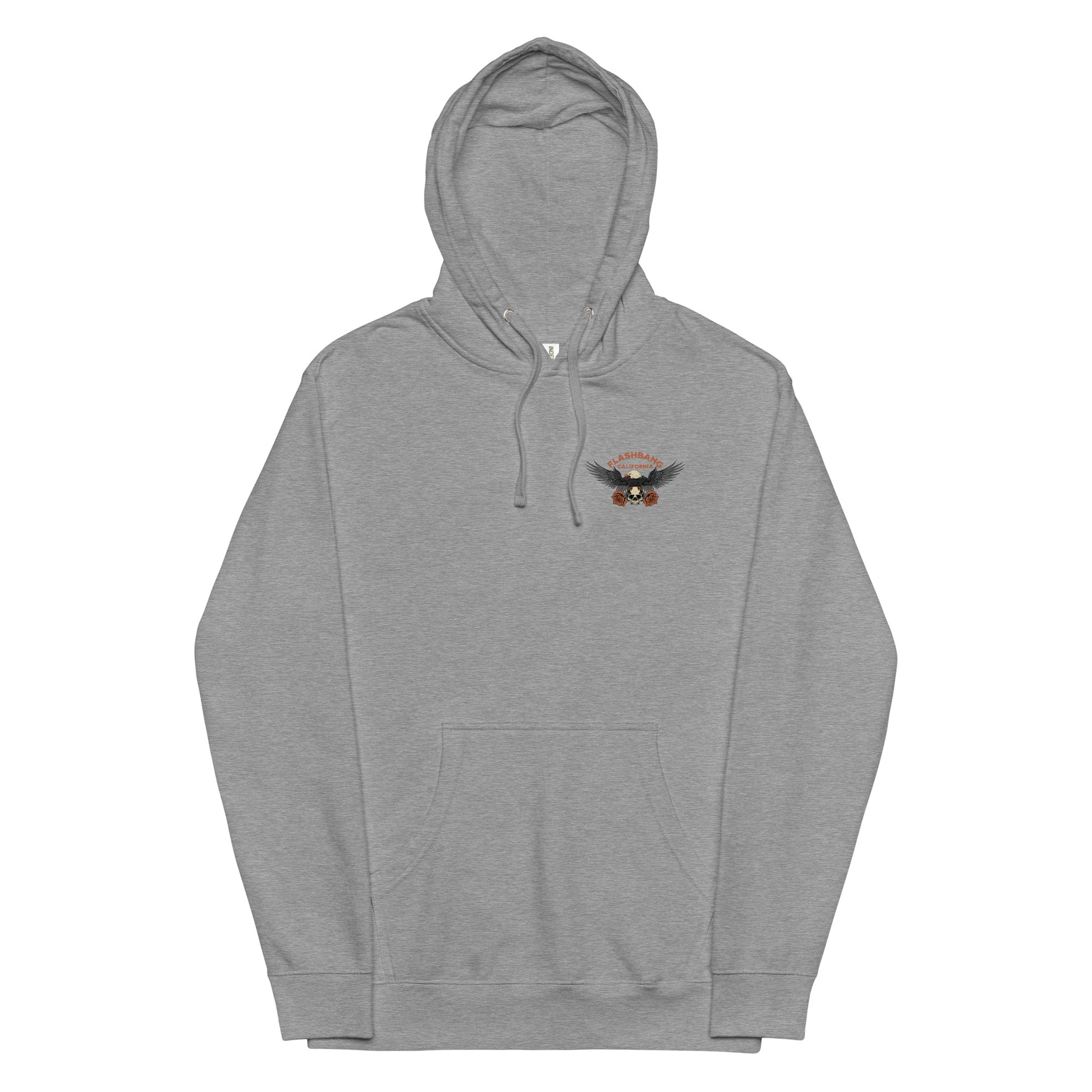 Gray hoodie with a small logo on the chest against a white background
