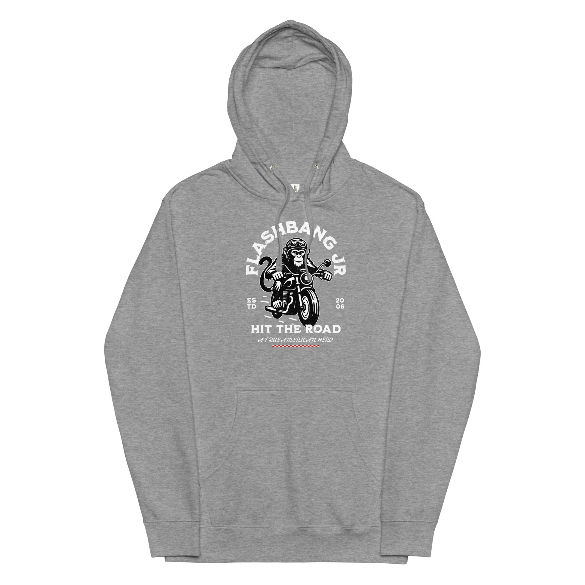 Gray hoodie with graphic design on a white background
