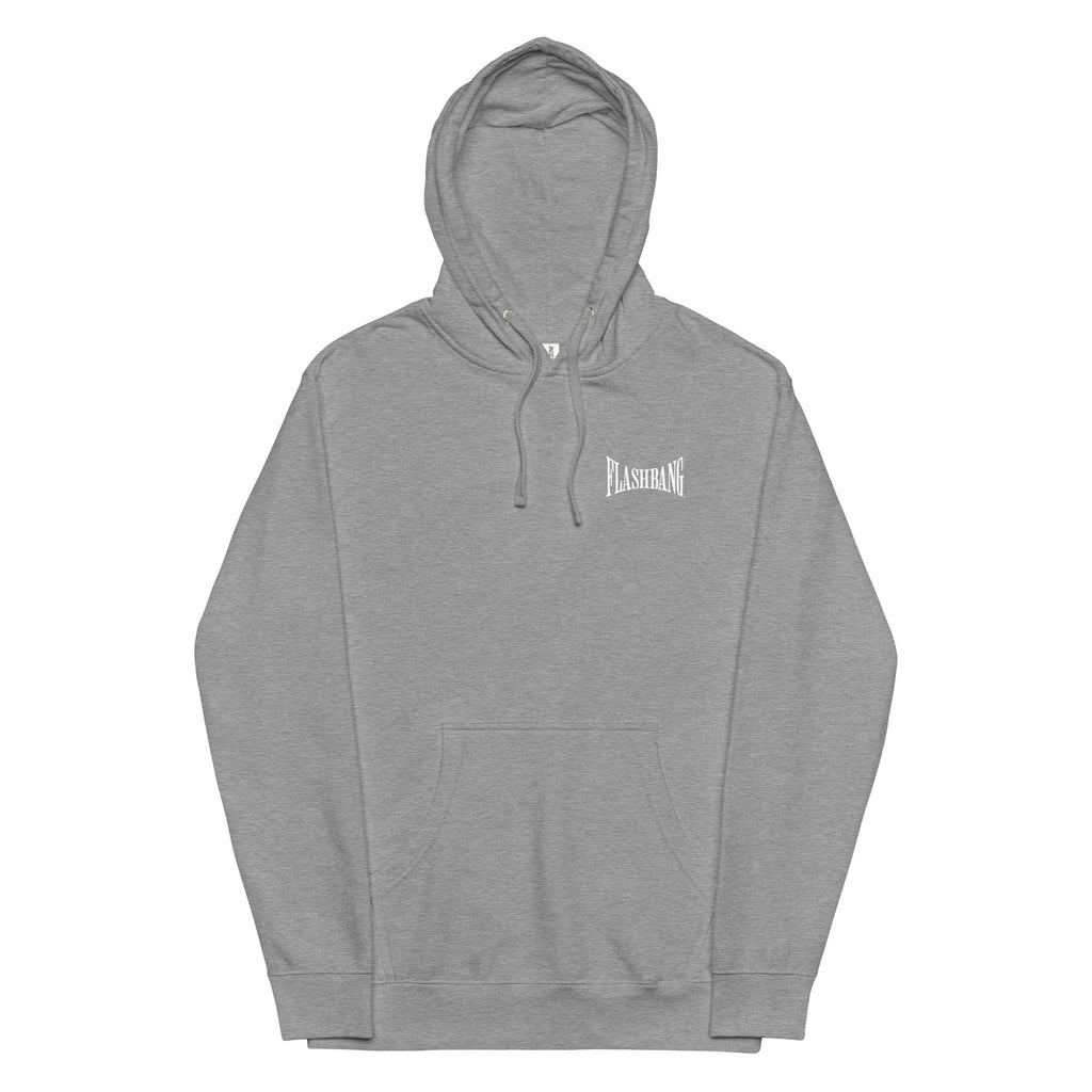Gray hoodie with a brand logo on a white background