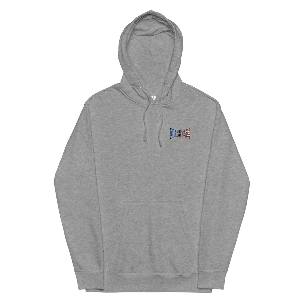 Gray hoodie with a small logo on the chest against a white background
