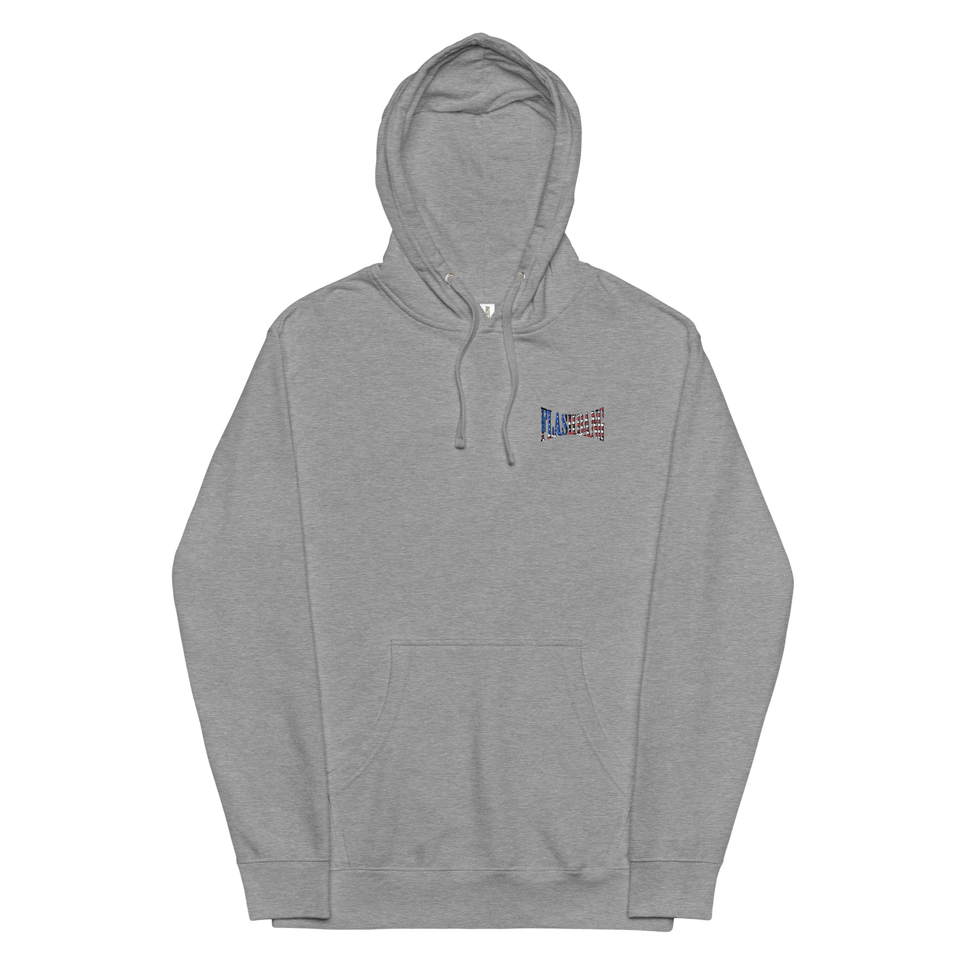 Gray hoodie with a small logo on the chest against a white background