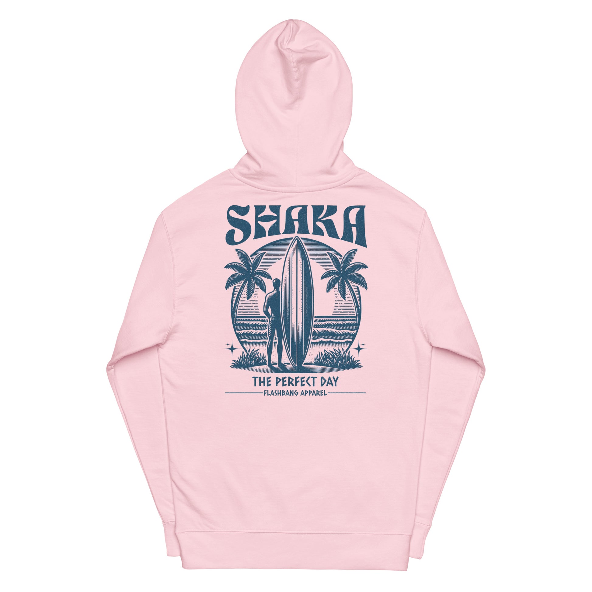 Pink hoodie with a graphic design on the back featuring palm trees and a surfboard, with 'Shaka' branding.