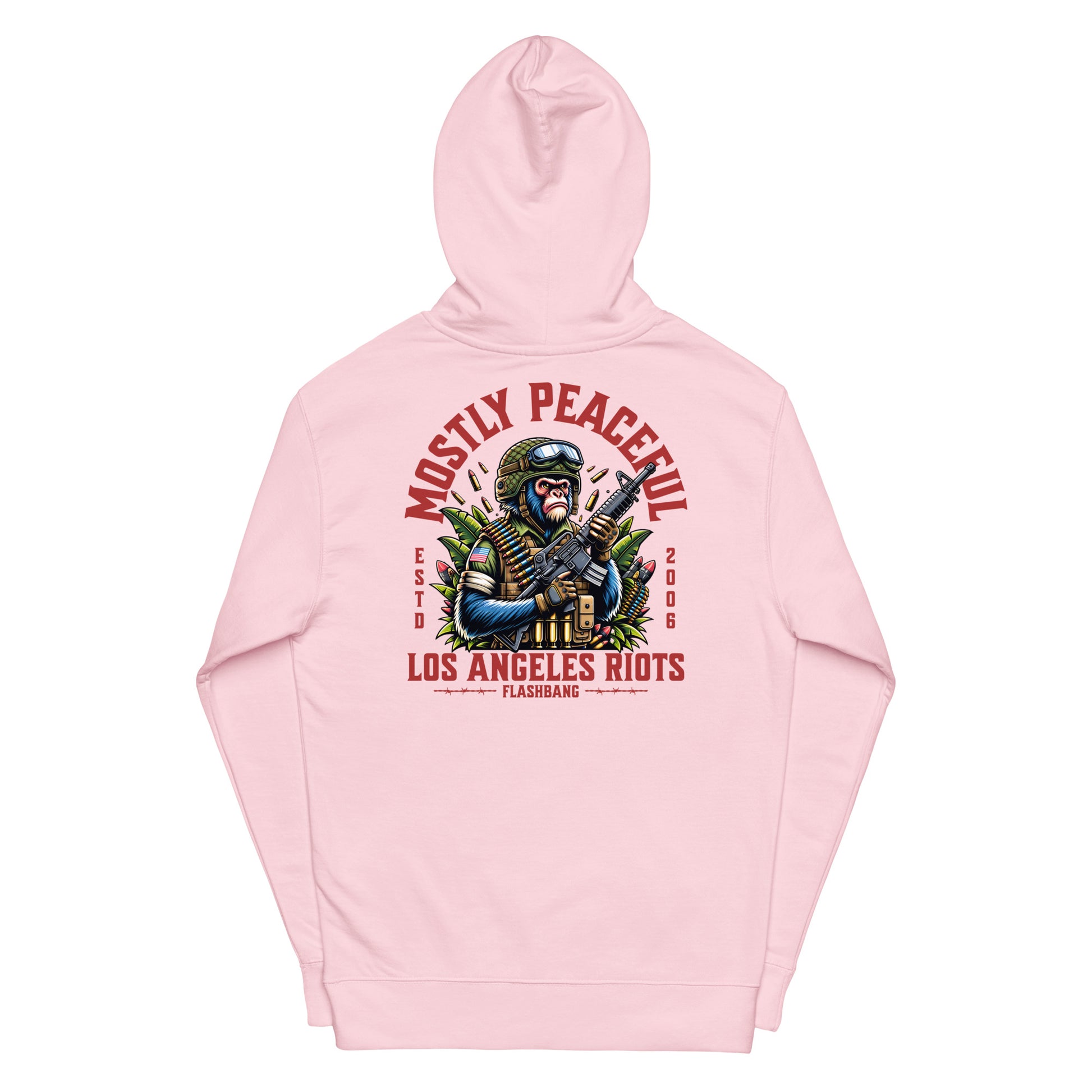 Pink hoodie with graphic design and text on a white background