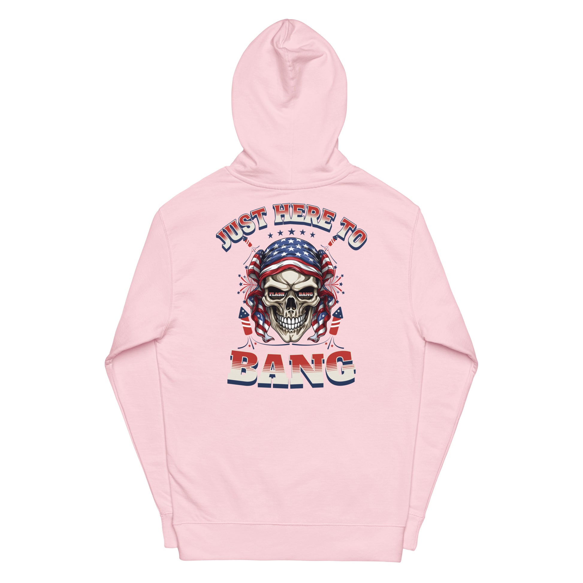 Pink hoodie with skull graphic and text on a white background