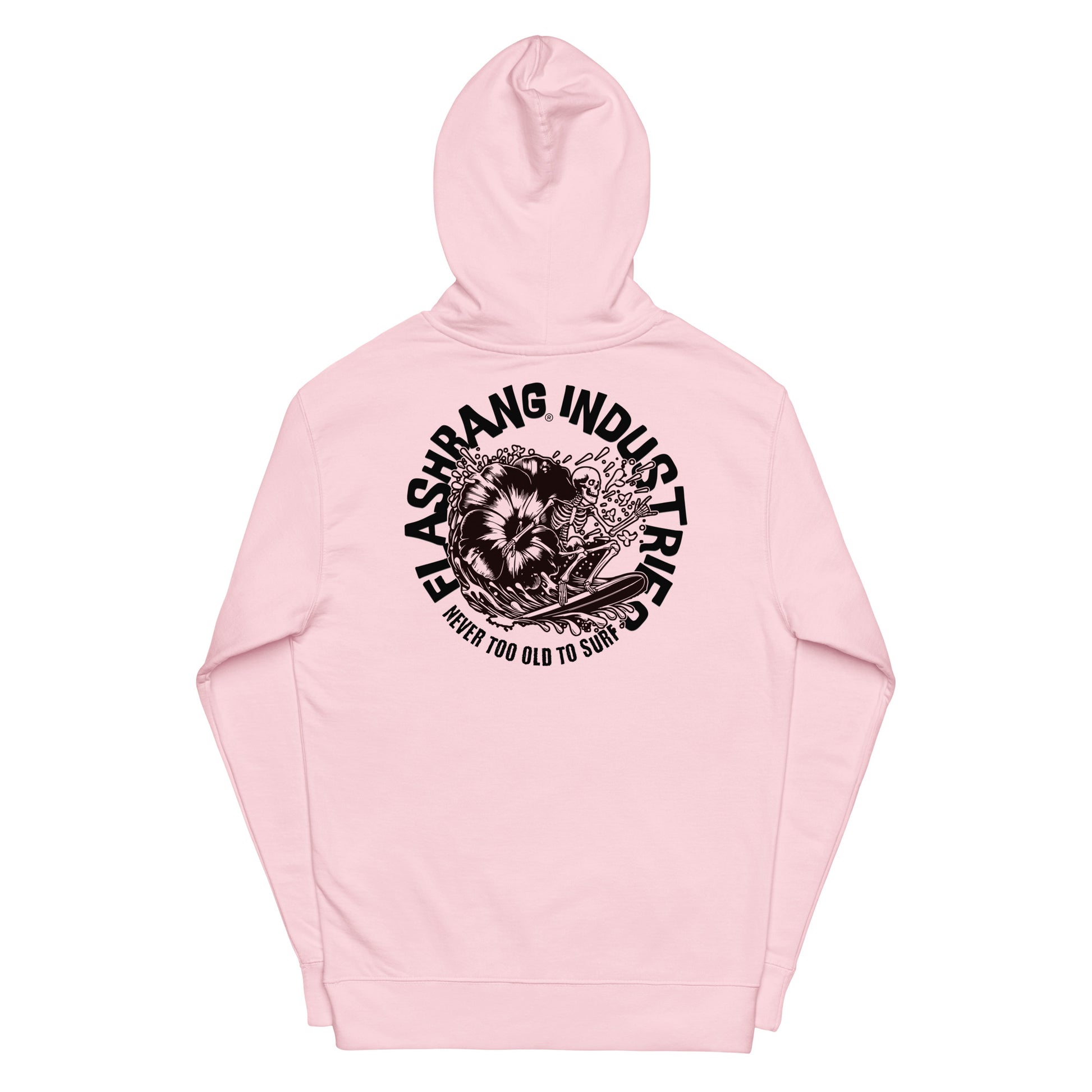 Pink hoodie with black graphic and text on a white background