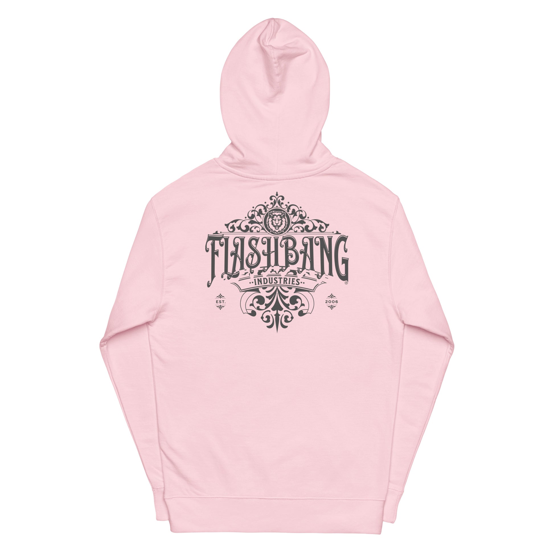 Pink hoodie with 'Flashbang Industries' logo on a white background