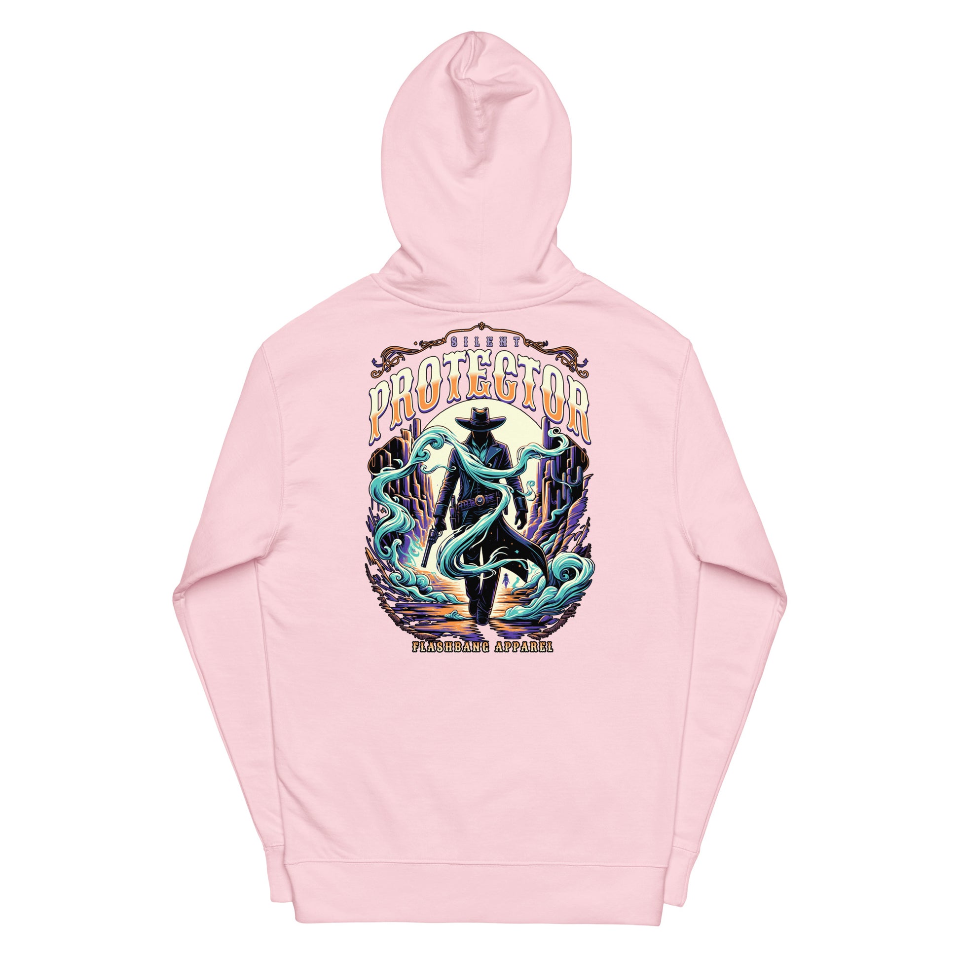 Pink hoodie with a colorful graphic design on a white background