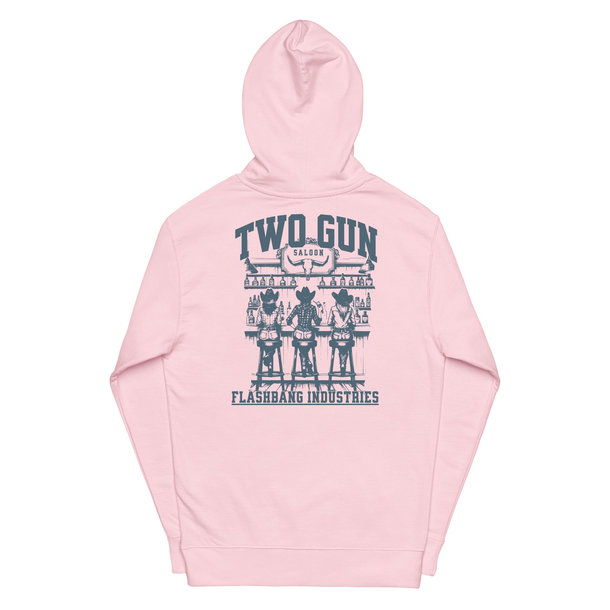 Pink hoodie with 'Two Gun Flashbang Industries' graphic on a white background
