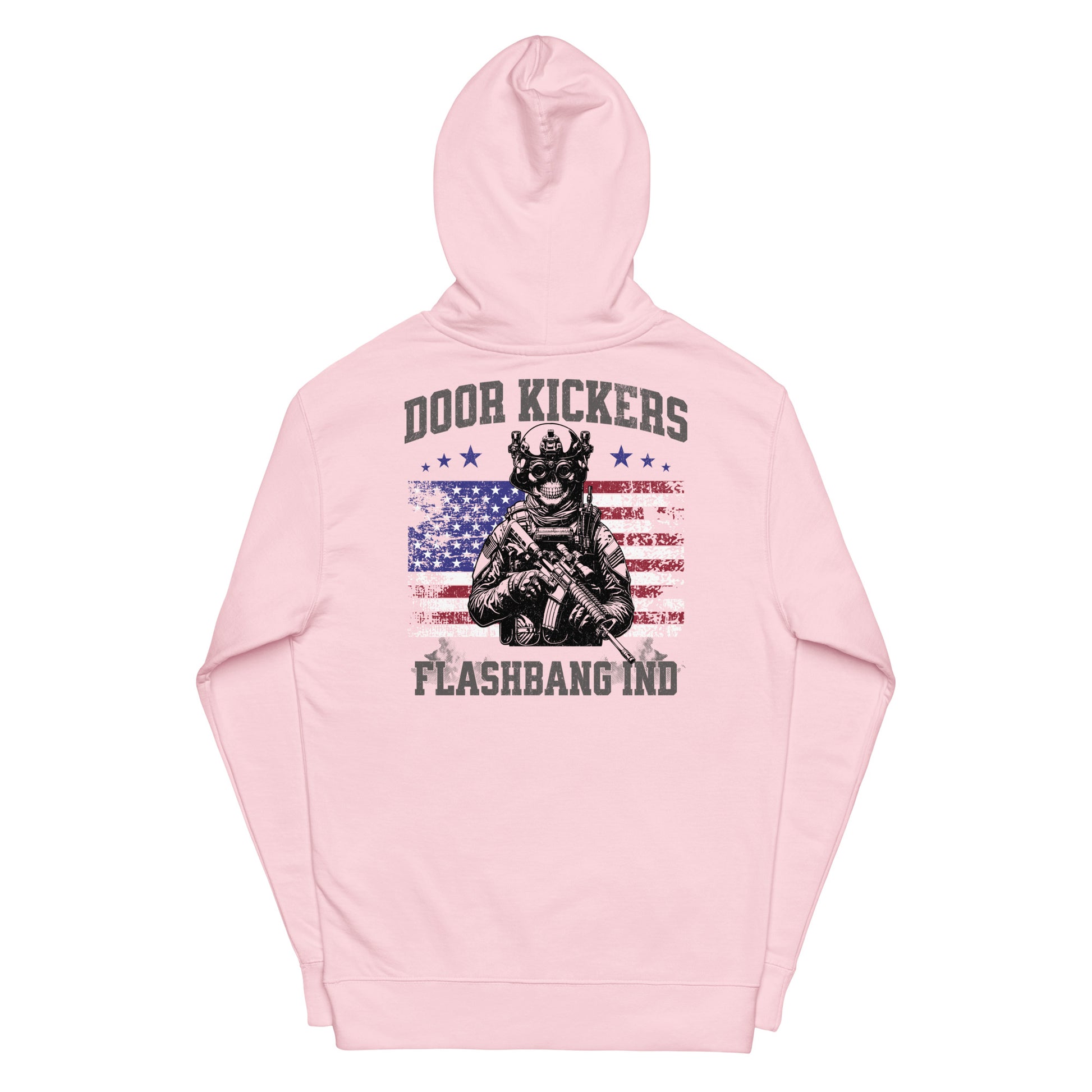 Pink hoodie with graphic design and text on a white background