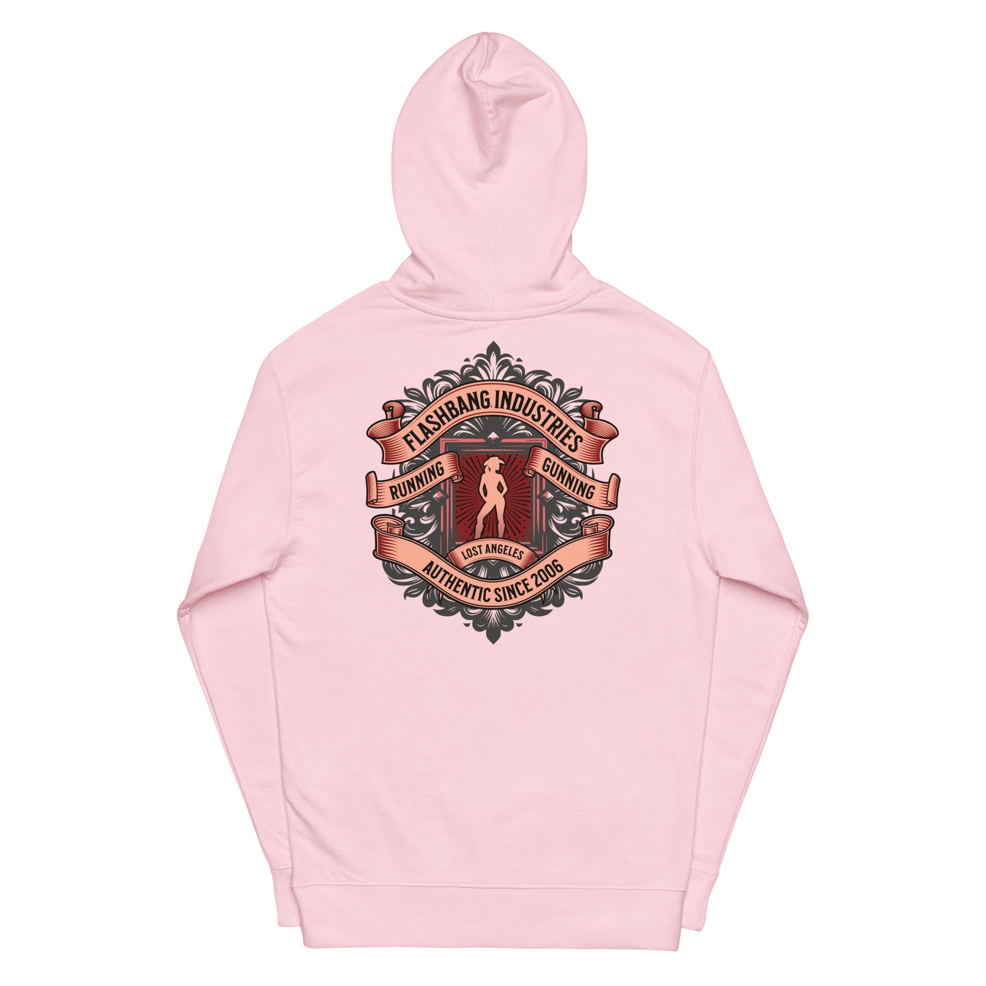 Pink hoodie with a graphic design on the chest against a white background