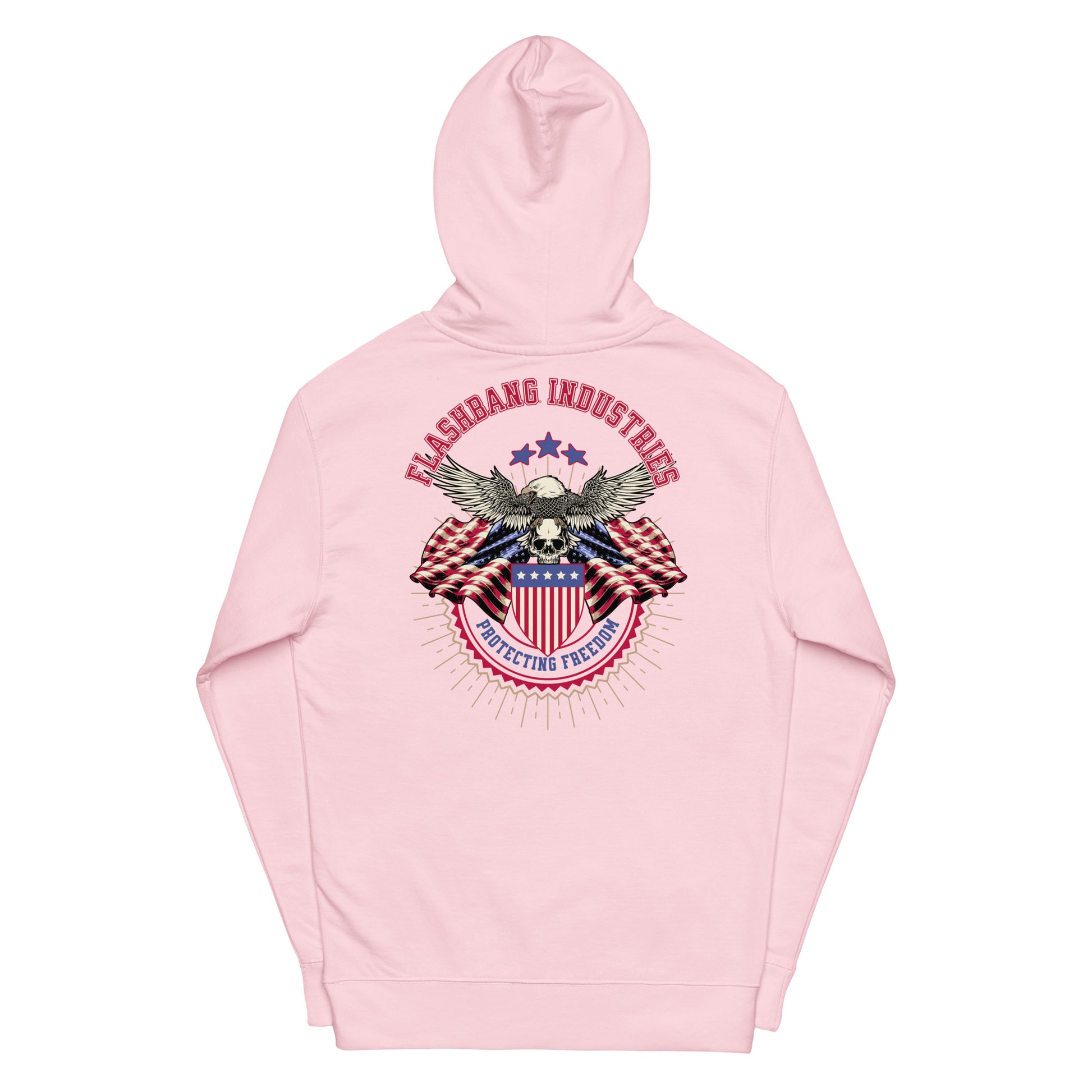 Pink hoodie with a graphic design on a white background
