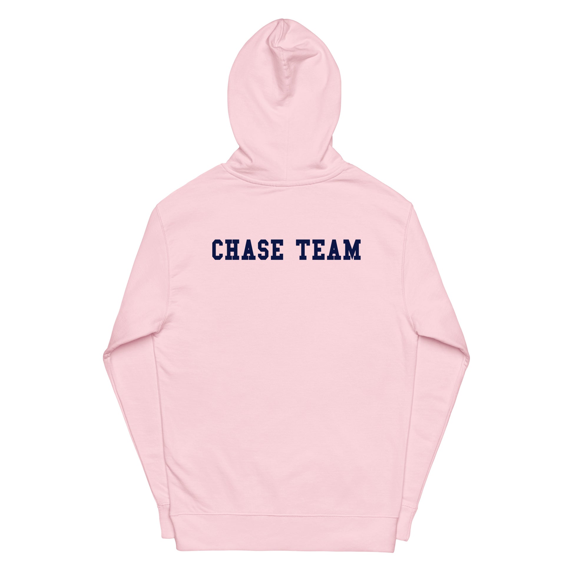 Pink hoodie with 'CHASE TEAM' text on a white background
