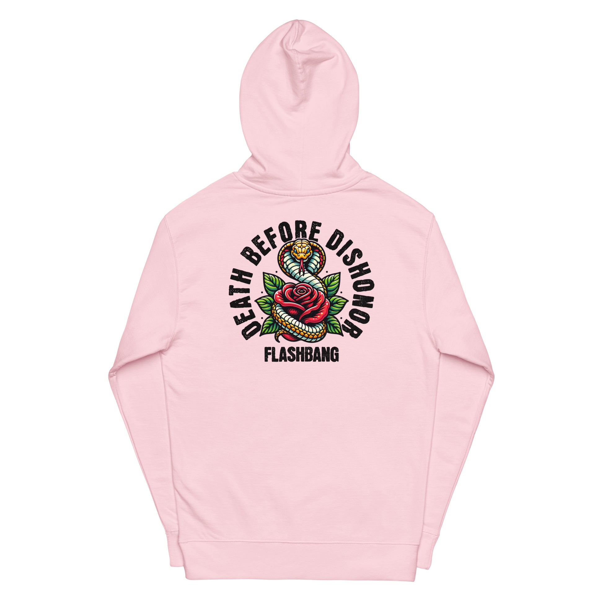 Pink hoodie with 'Death Before Dishonor Flashbang' design on a white background