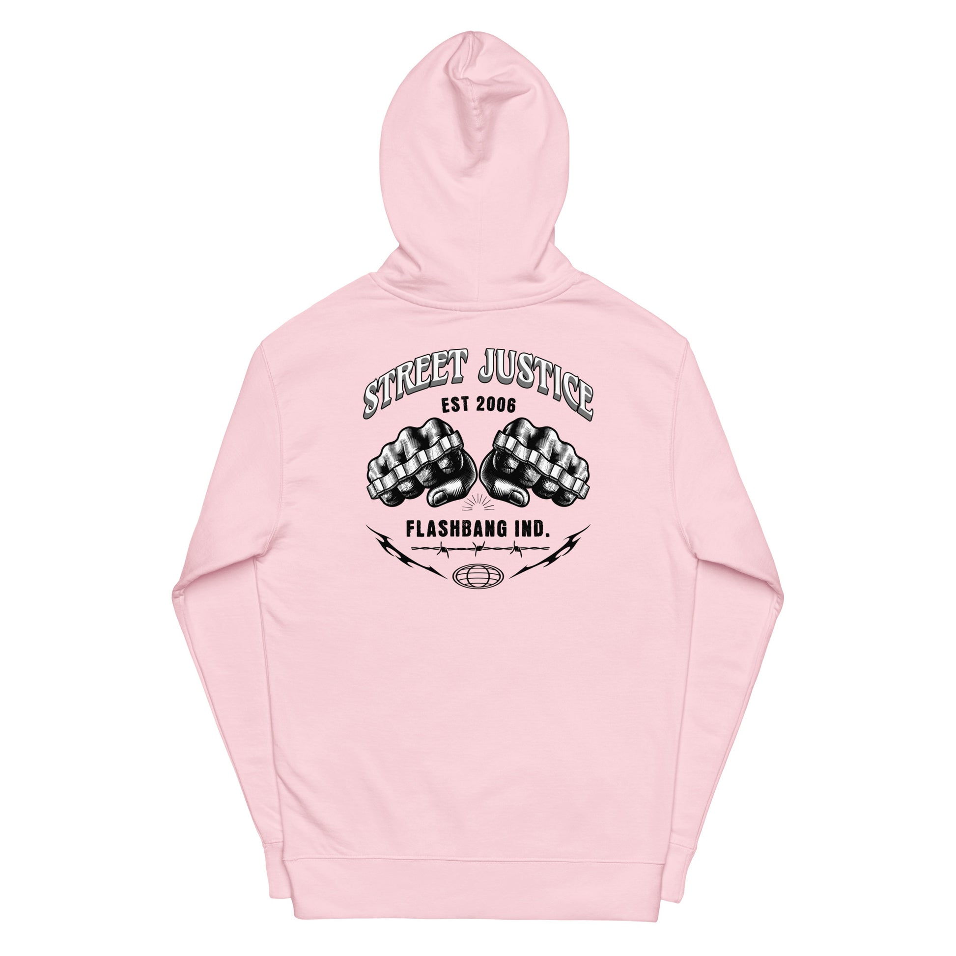 Pink hoodie with black graphic design on a white background