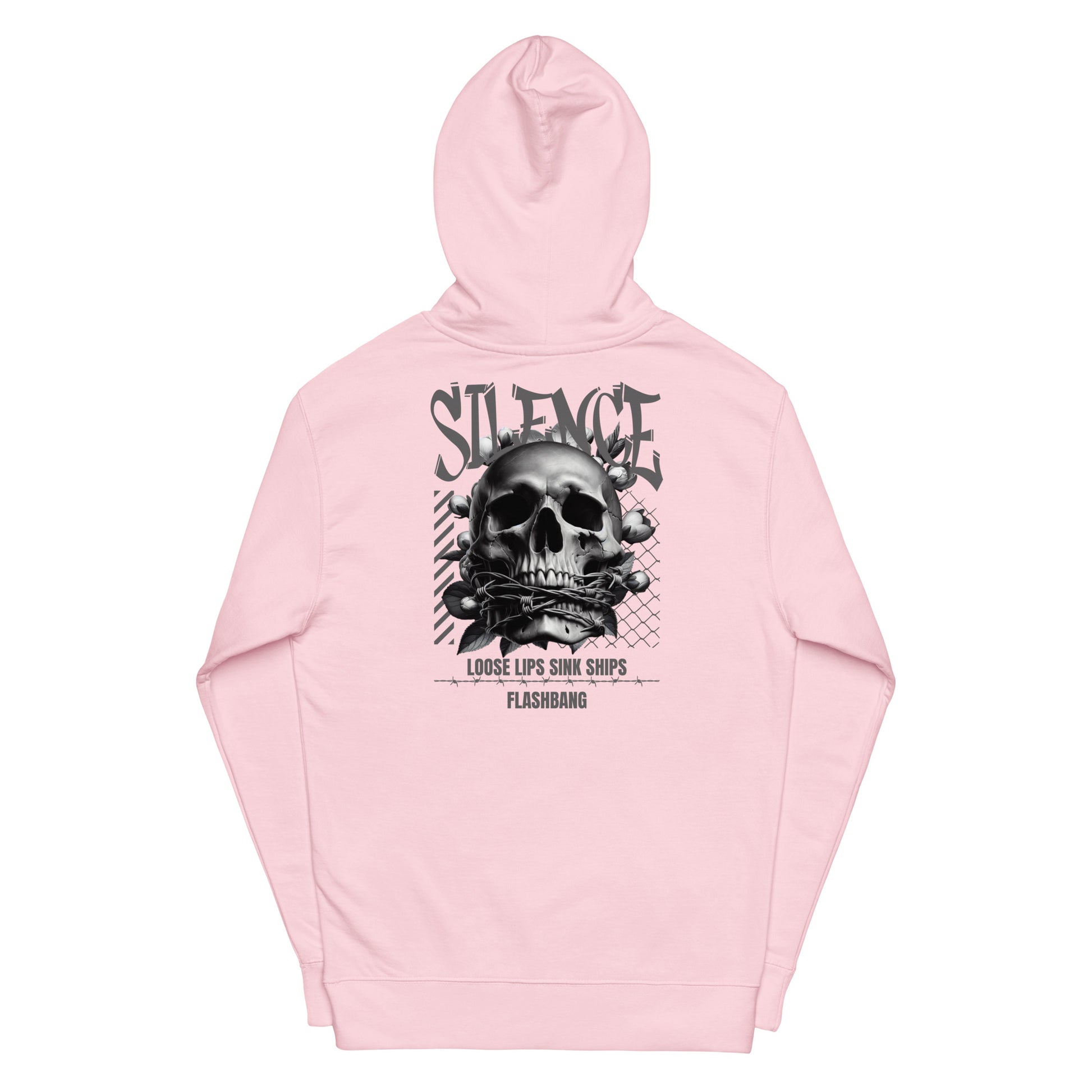 Pink hoodie with a skull graphic and text on a white background