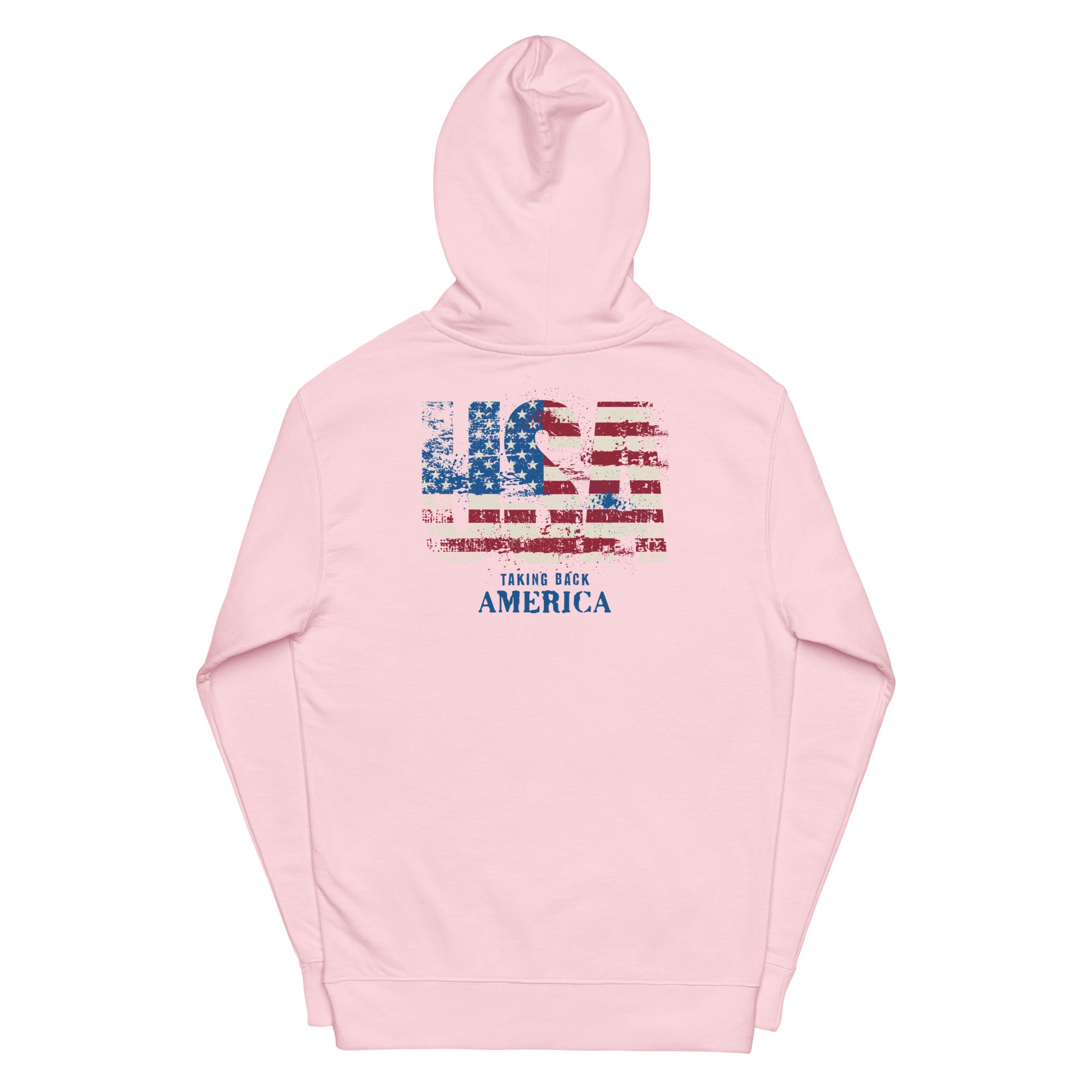 Pink hoodie with American flag design on a white background