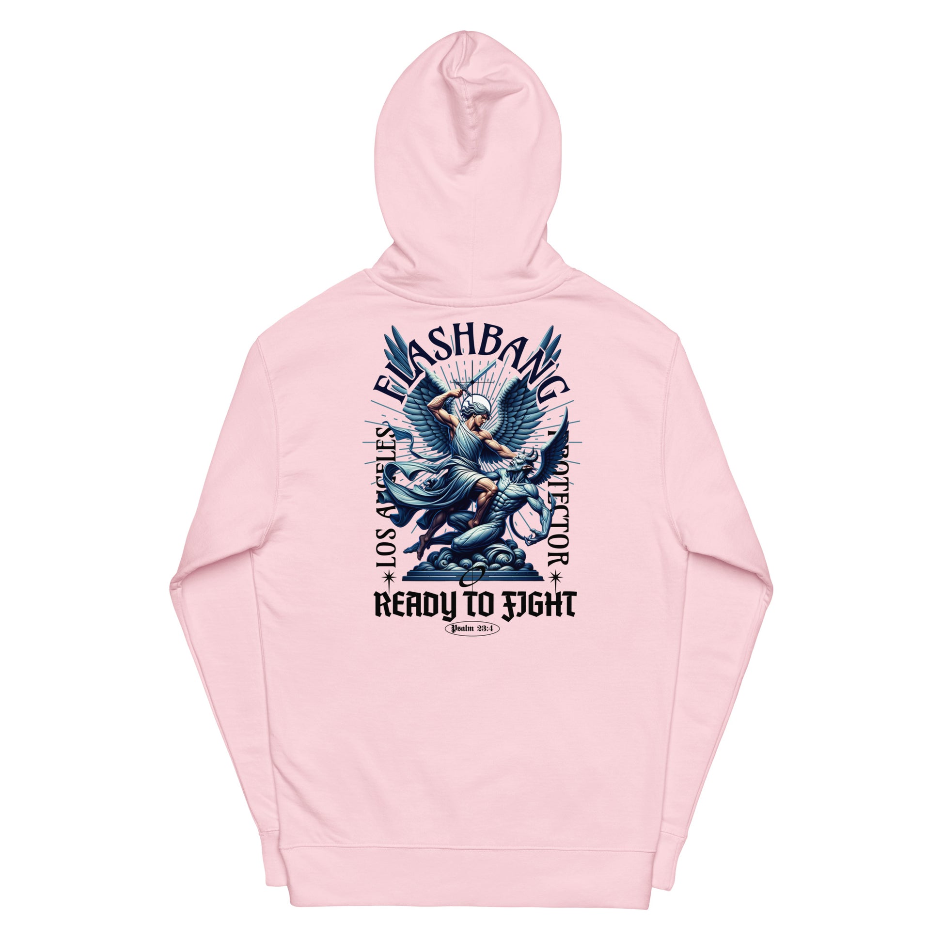 Pink hoodie with graphic design on a white background