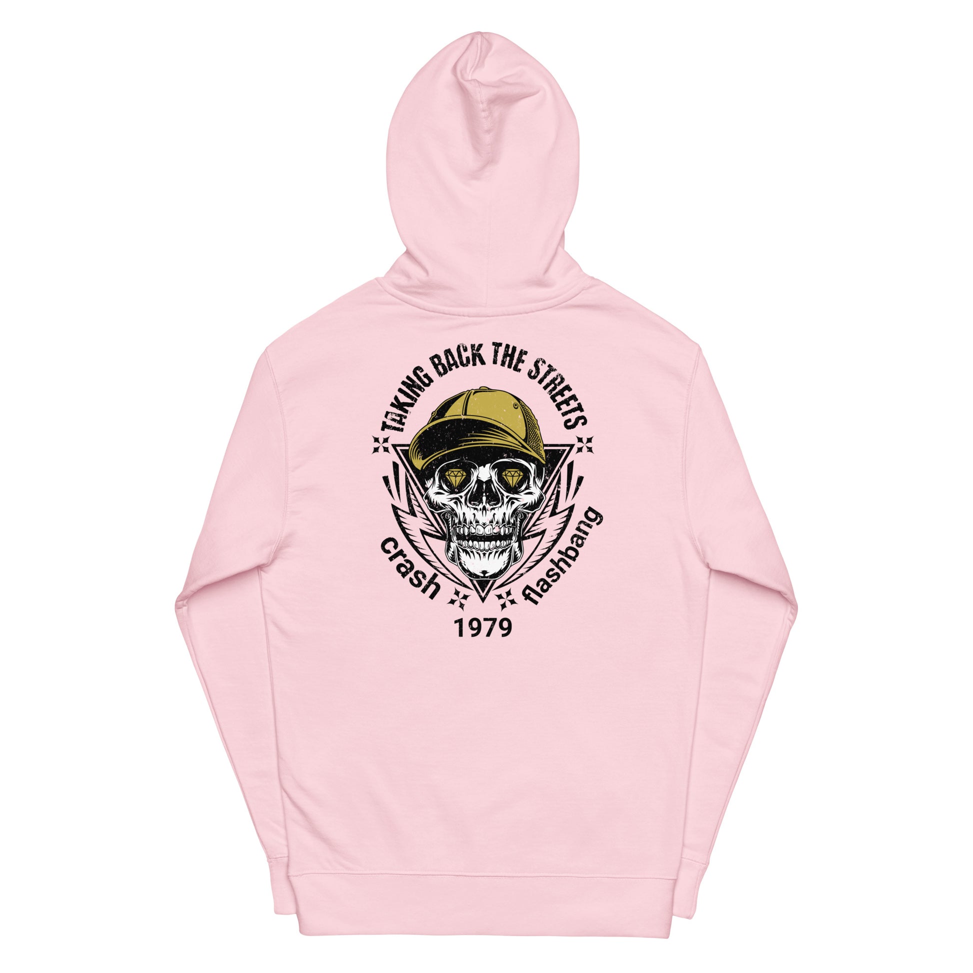 Pink hoodie with a skull and text design on a white background