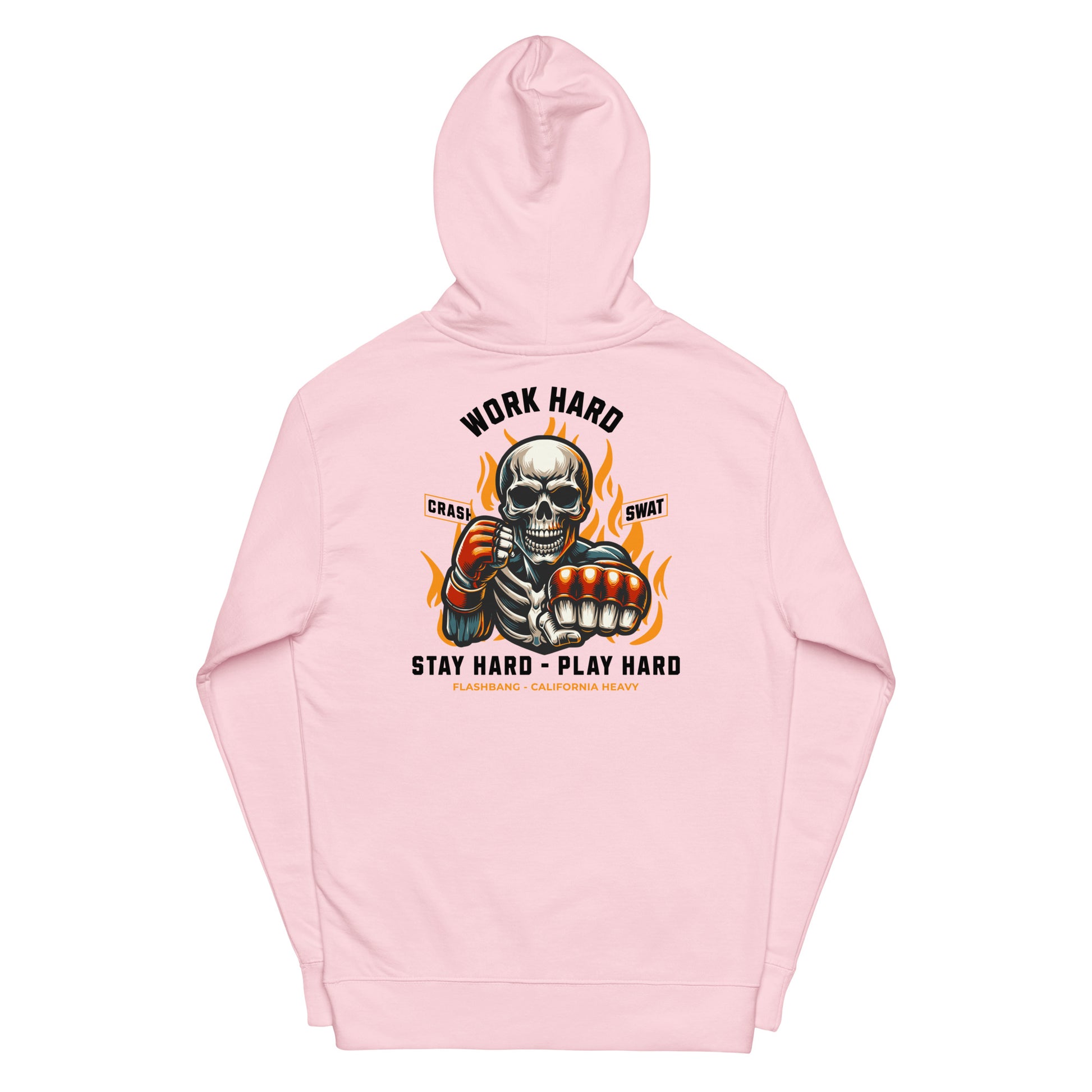 Pink hoodie with a skeleton design and motivational text on a white background