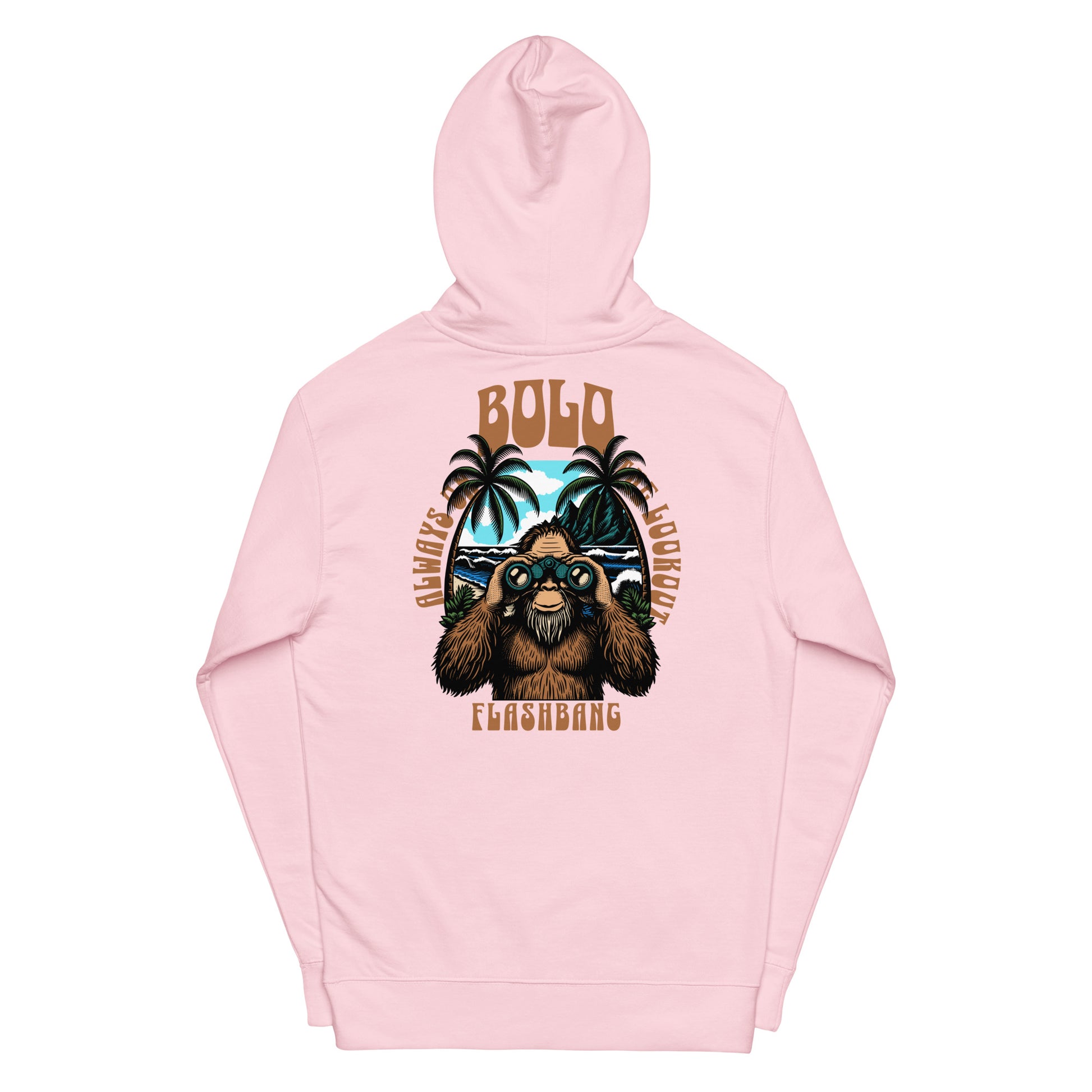 Pink hoodie with a bear graphic and text on a white background