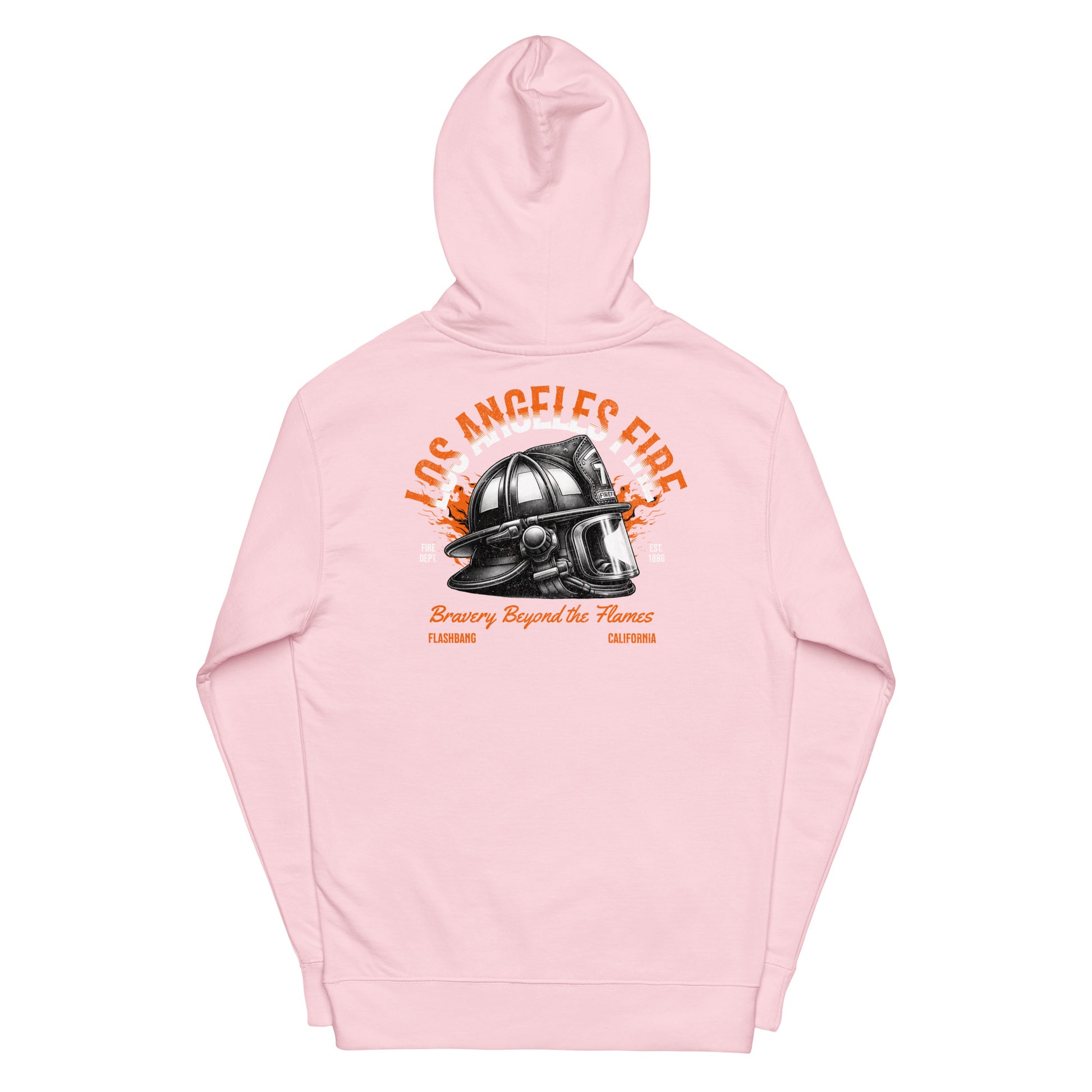Pink hoodie with a fire helmet graphic and text on a white background