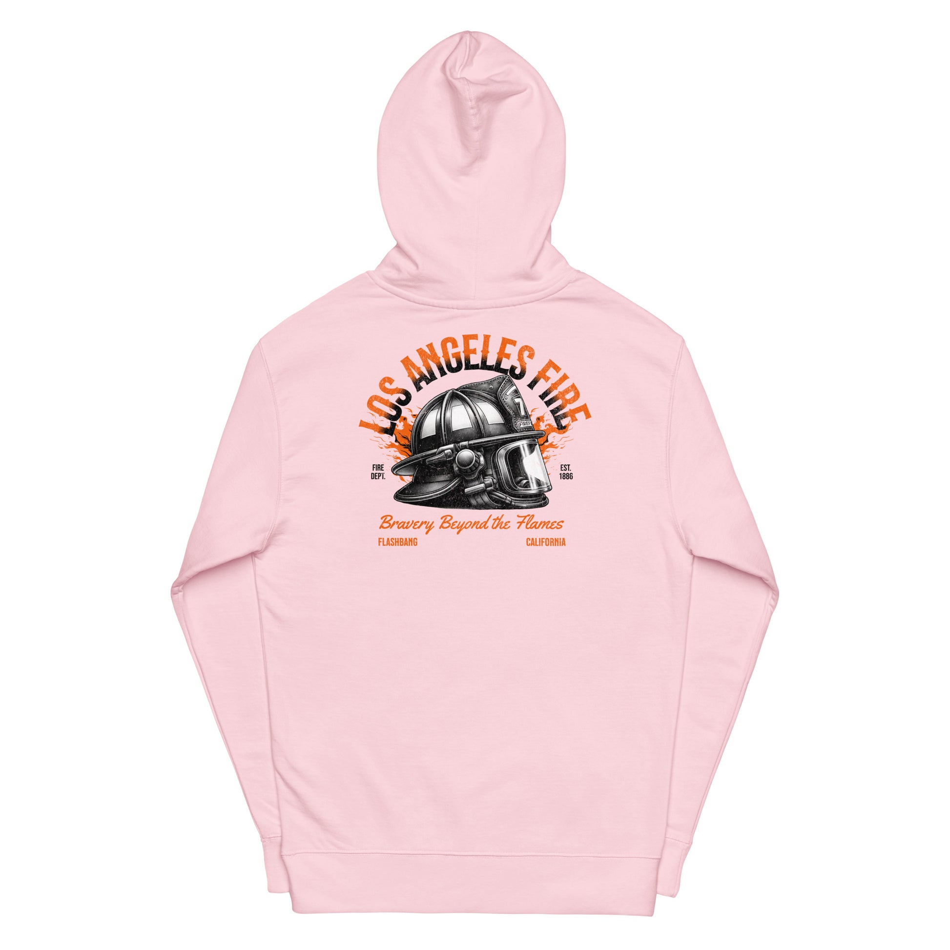 Pink hoodie with 'Los Angeles Fire' graphic on a white background