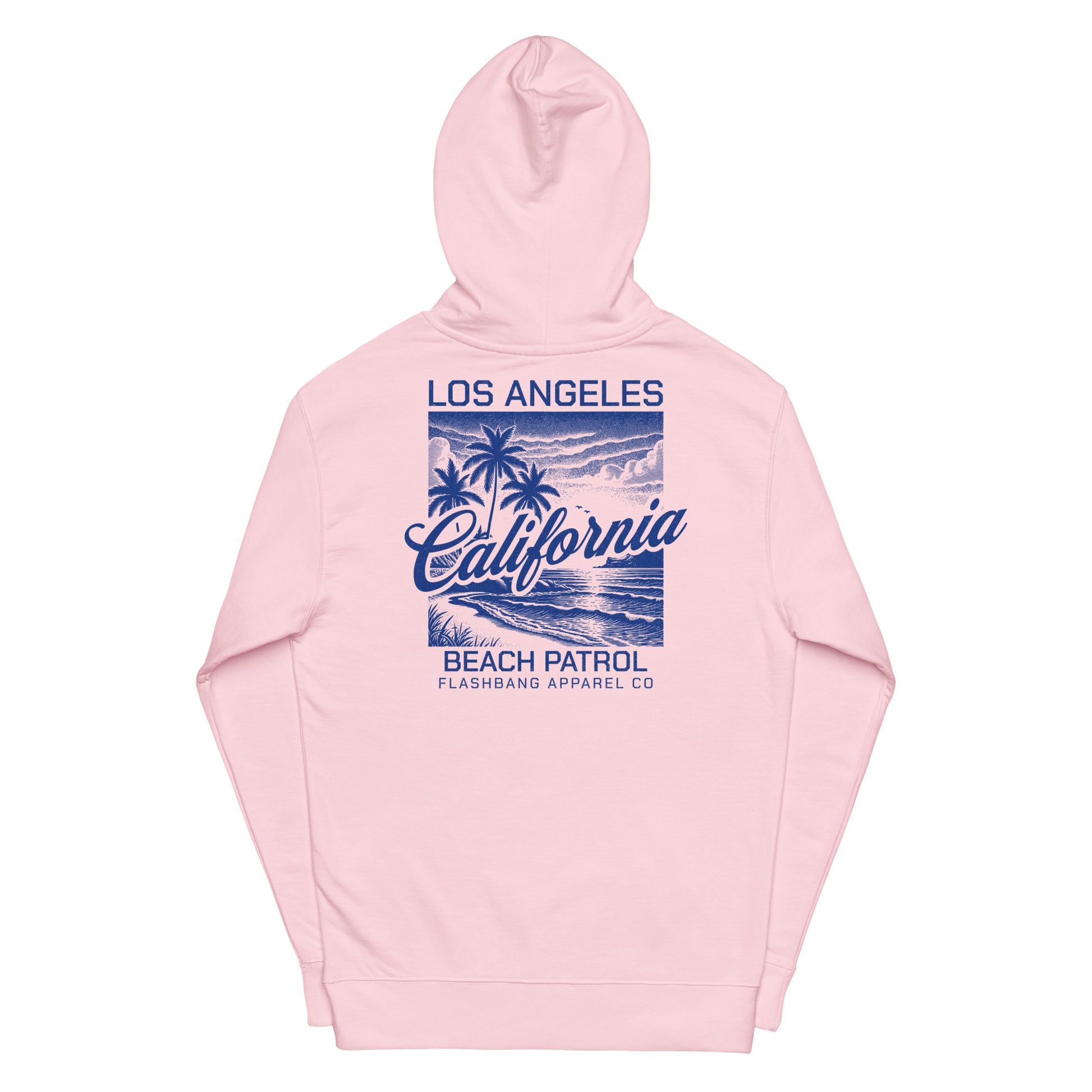 Pink hoodie with 'Los Angeles California Beach Patrol' graphic on a white background